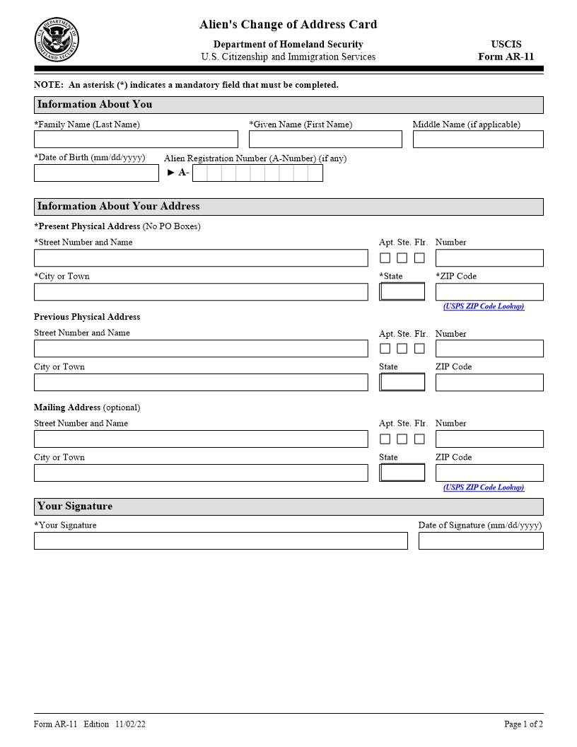 Aliens Change Of Address Card {AR-11} | Pdf Fpdf Doc Docx | Official Federal Forms