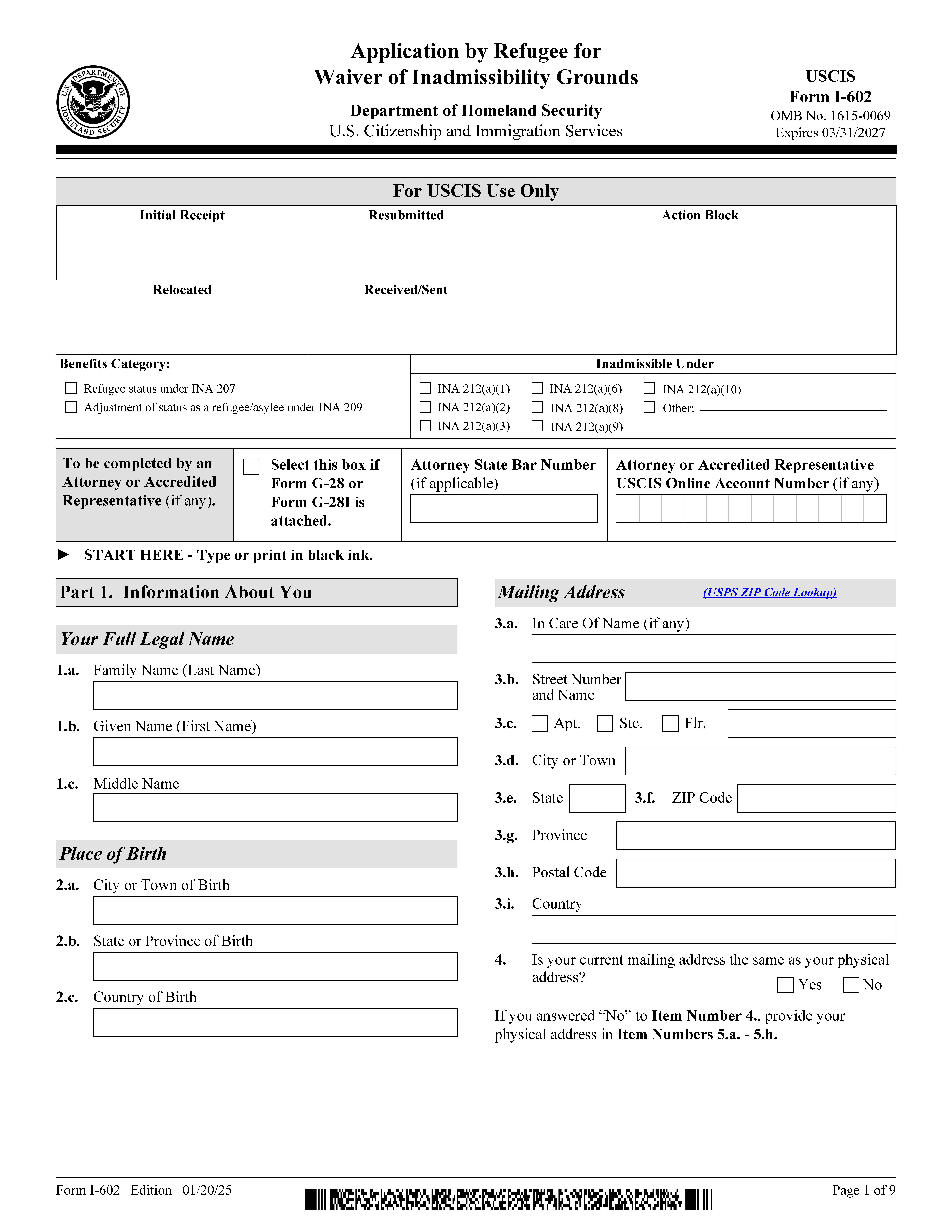 Application By Refugee For Waiver Of Grounds Of Excludability {I-602} | Pdf Fpdf Doc Docx | Official Federal Forms