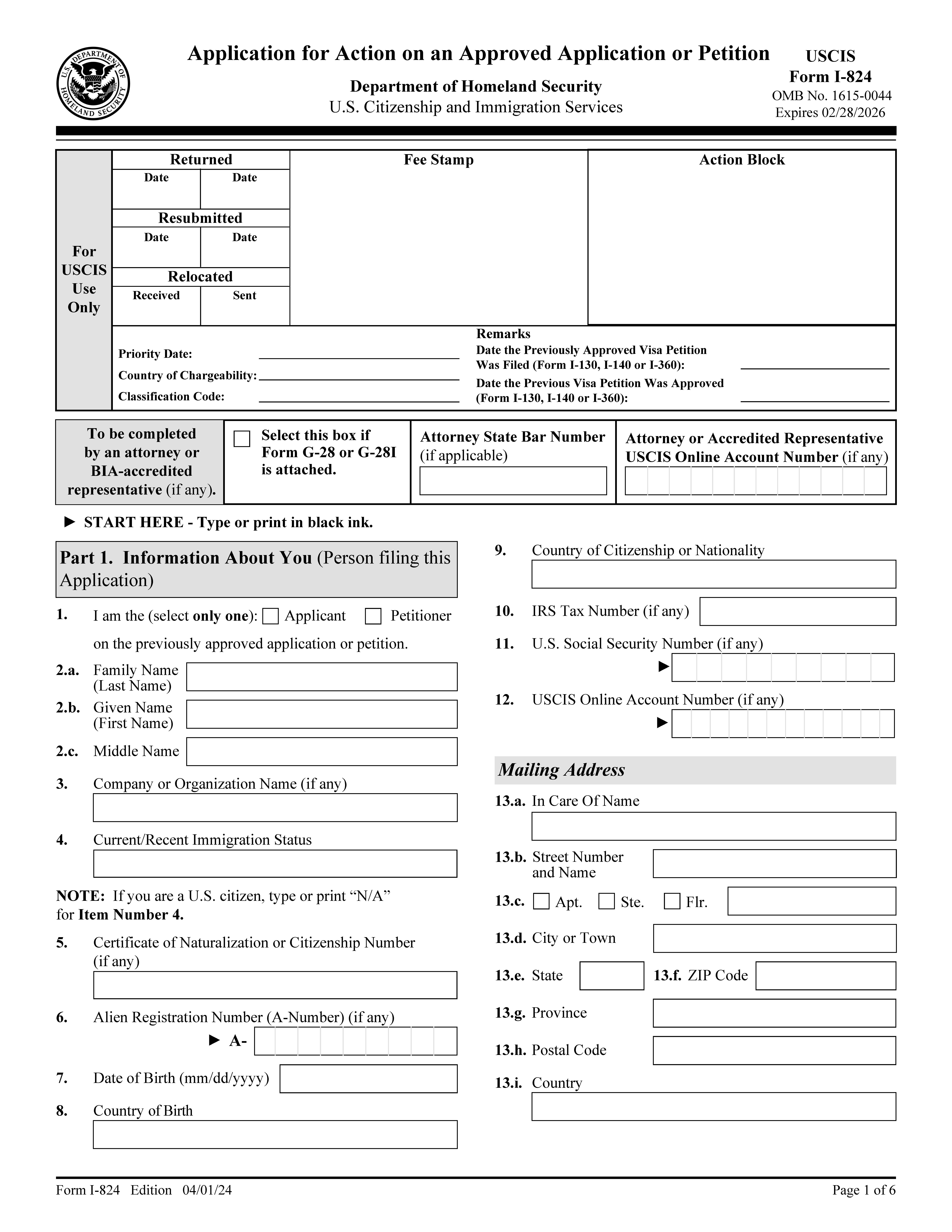 Application For Action On An Approved Application Or Petition {I-824} | Pdf Fpdf Docx | Official Federal Forms