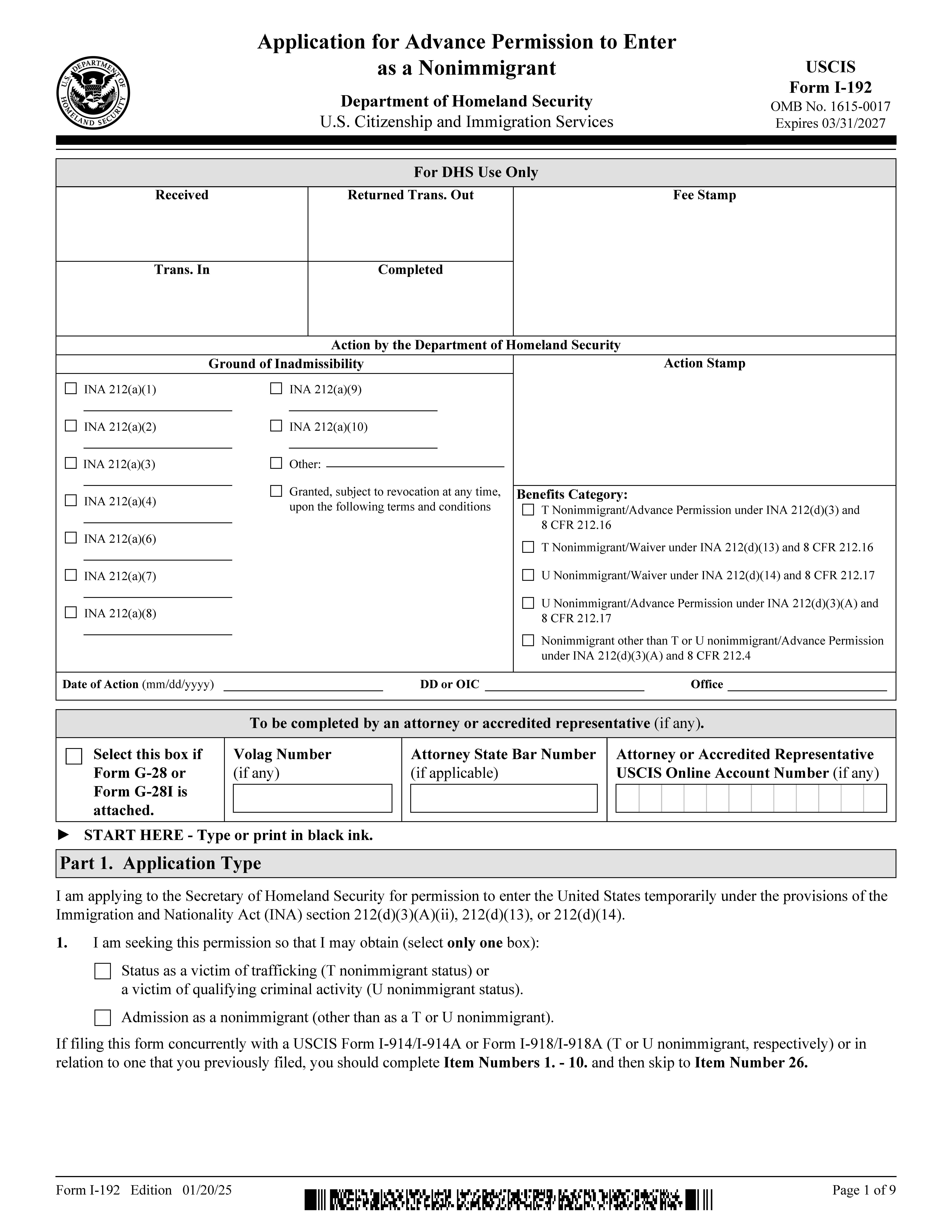 Application For Advance Permission To Enter As Nonimmigrant {I-192} | Pdf Fpdf Docx | Official Federal Forms