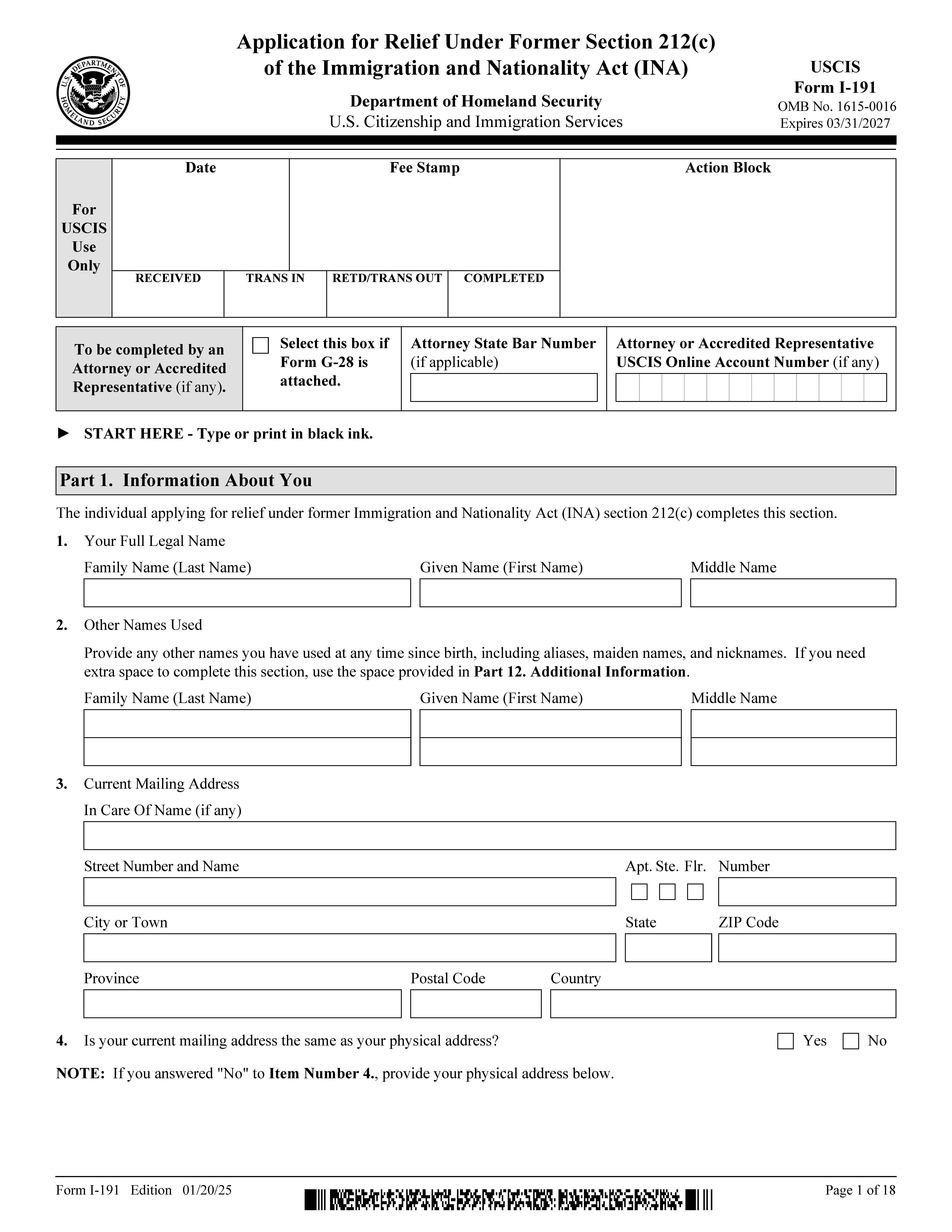Application For Advance Permission To Return To Unrelinquished Domicile {I-191} | Pdf Fpdf Doc Docx | Official Federal Forms
