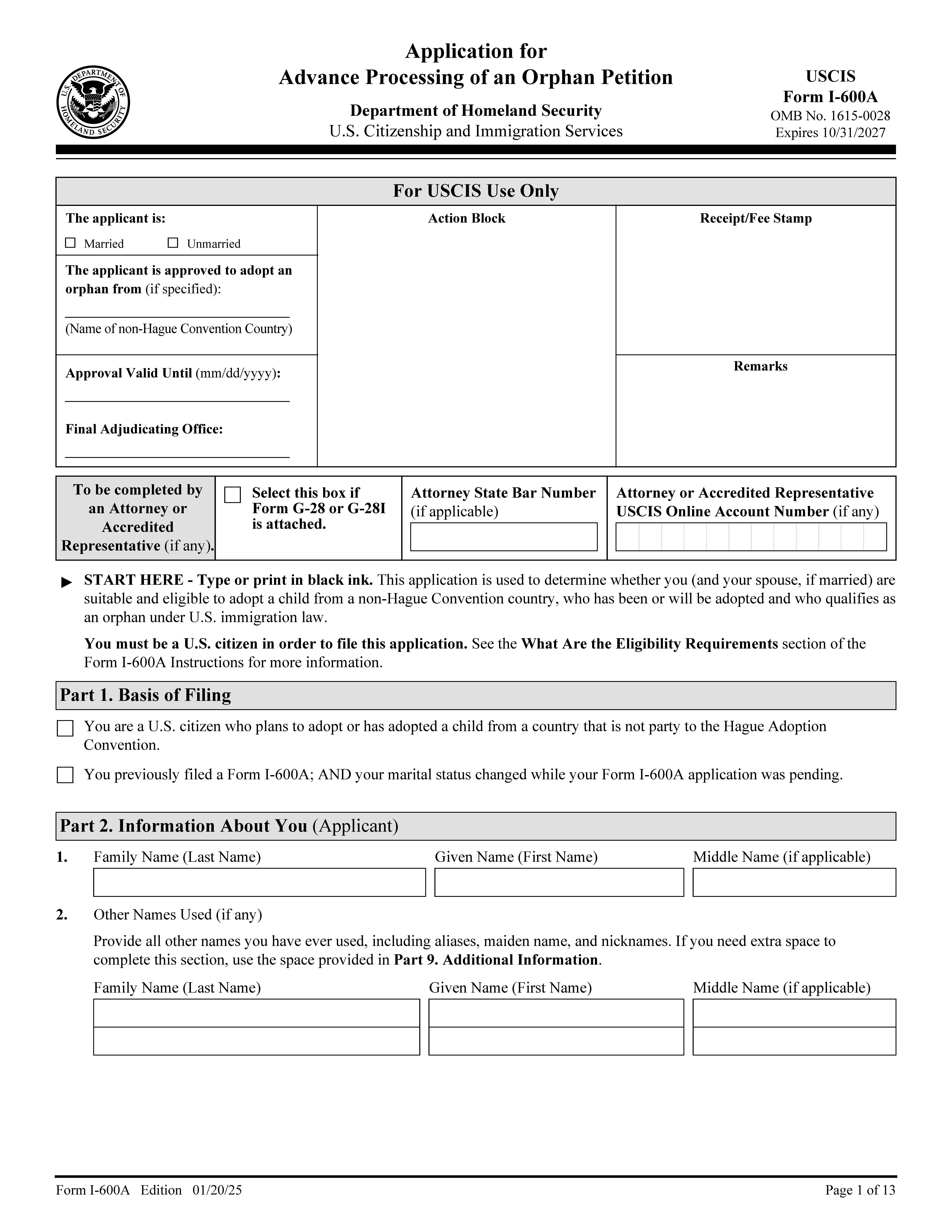 Application For Advance Processing Of Orphan Petition {I-600A} | Pdf Fpdf Doc Docx | Official Federal Forms