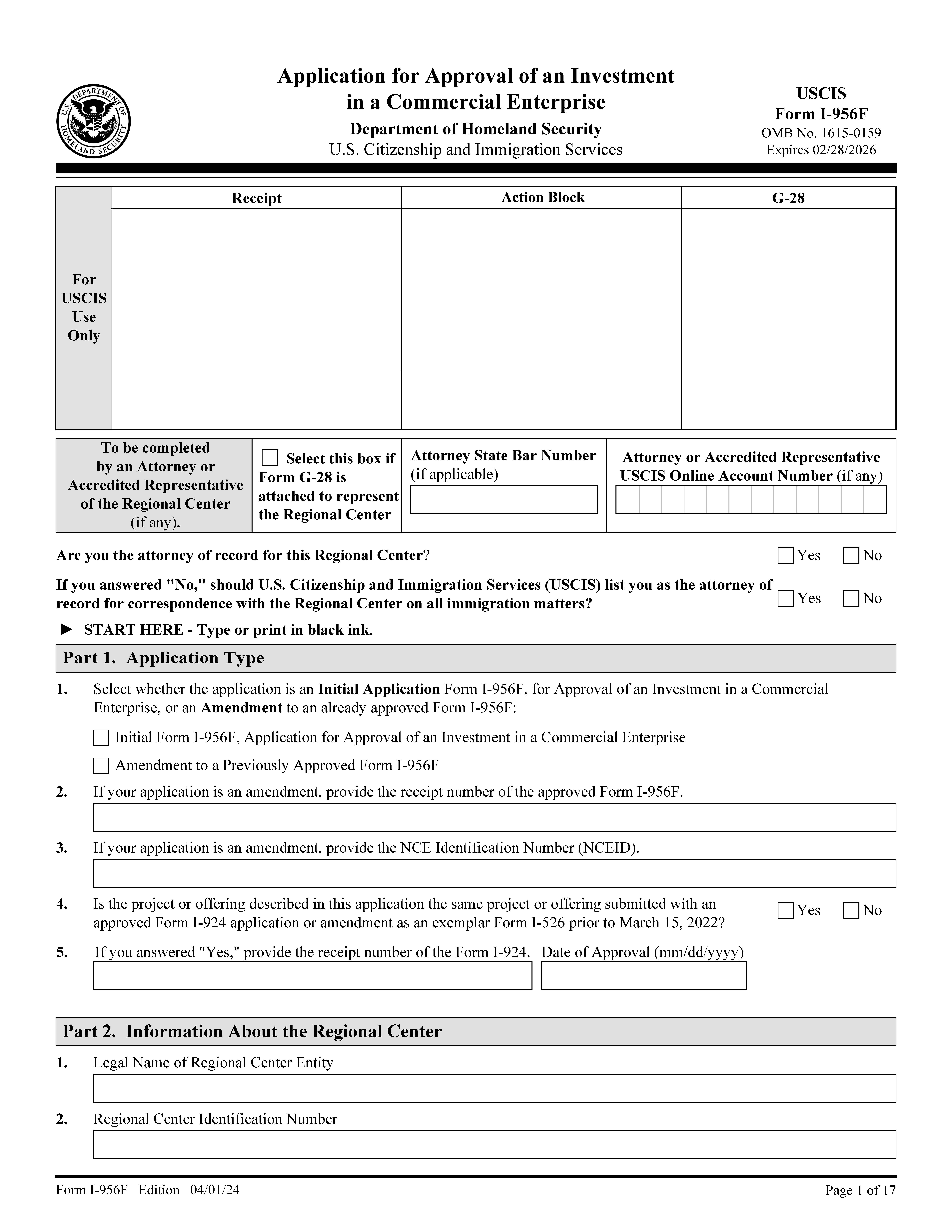 Application For Approval Of An Investments In A Commercial Enterprise {I-956F} | Pdf Fpdf Docx | Official Federal Forms
