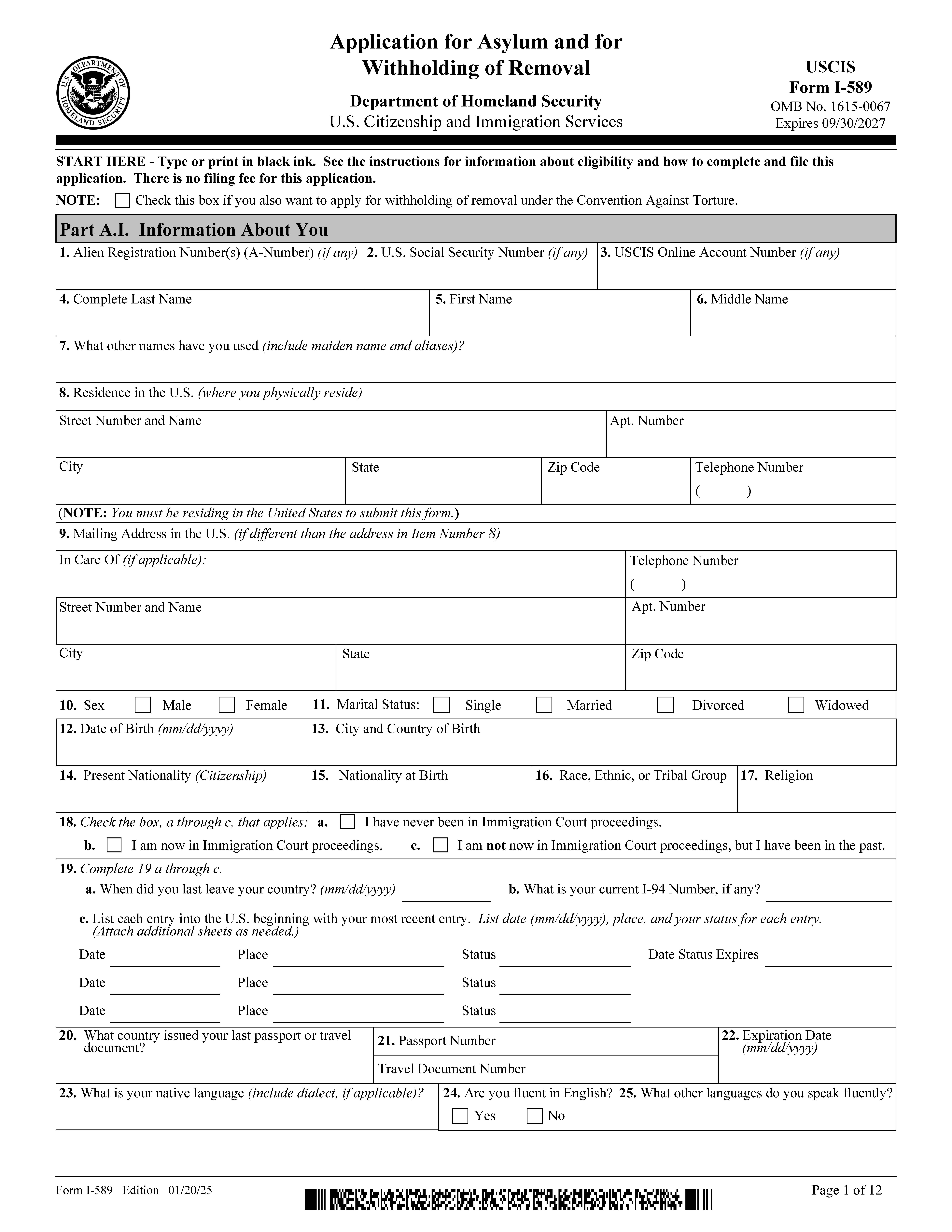 Application For Asylum And For Withholding Of Removal {I-589} | Pdf Fpdf Docx | Official Federal Forms