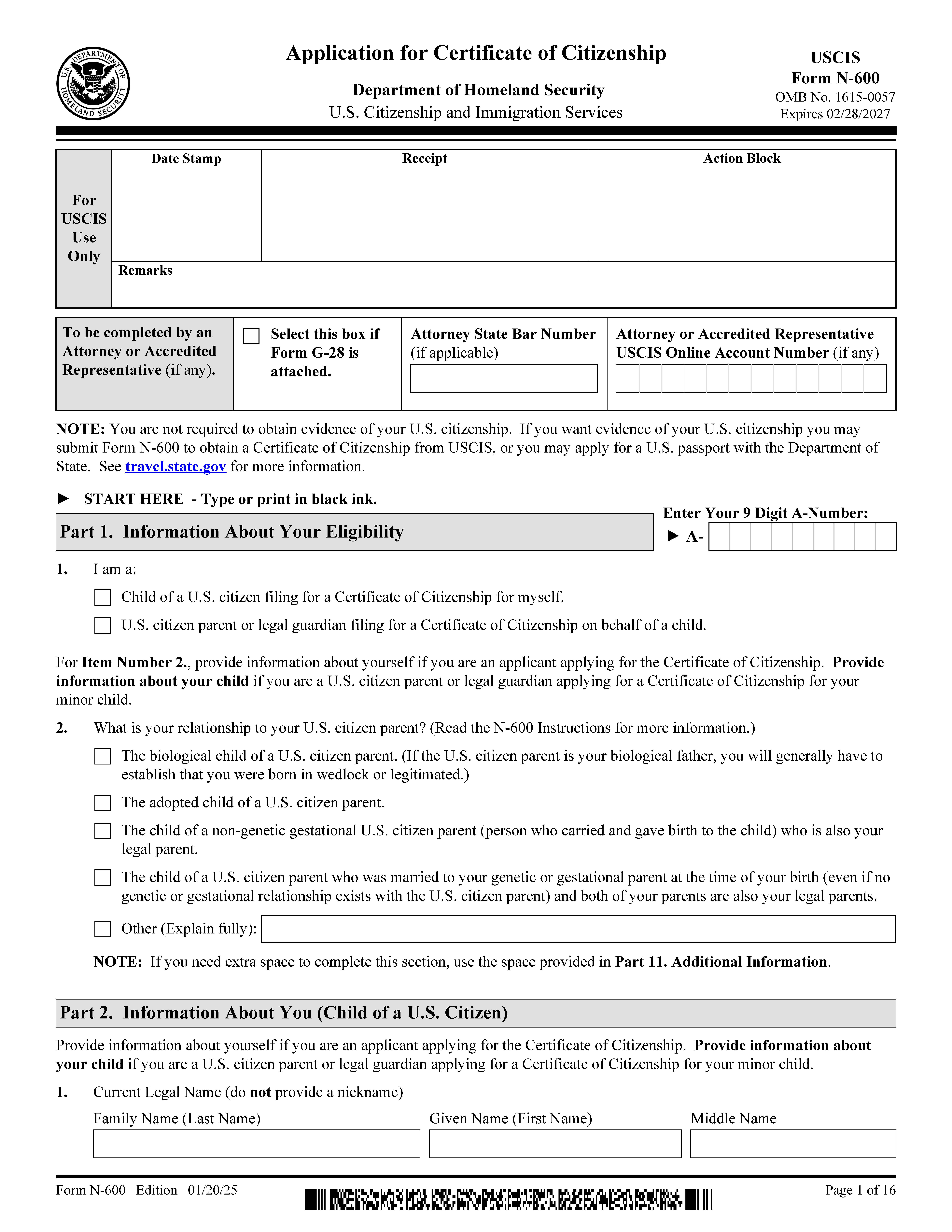 Application For Certificate Of Citizenship {N-600} | Pdf Fpdf Docx | Official Federal Forms