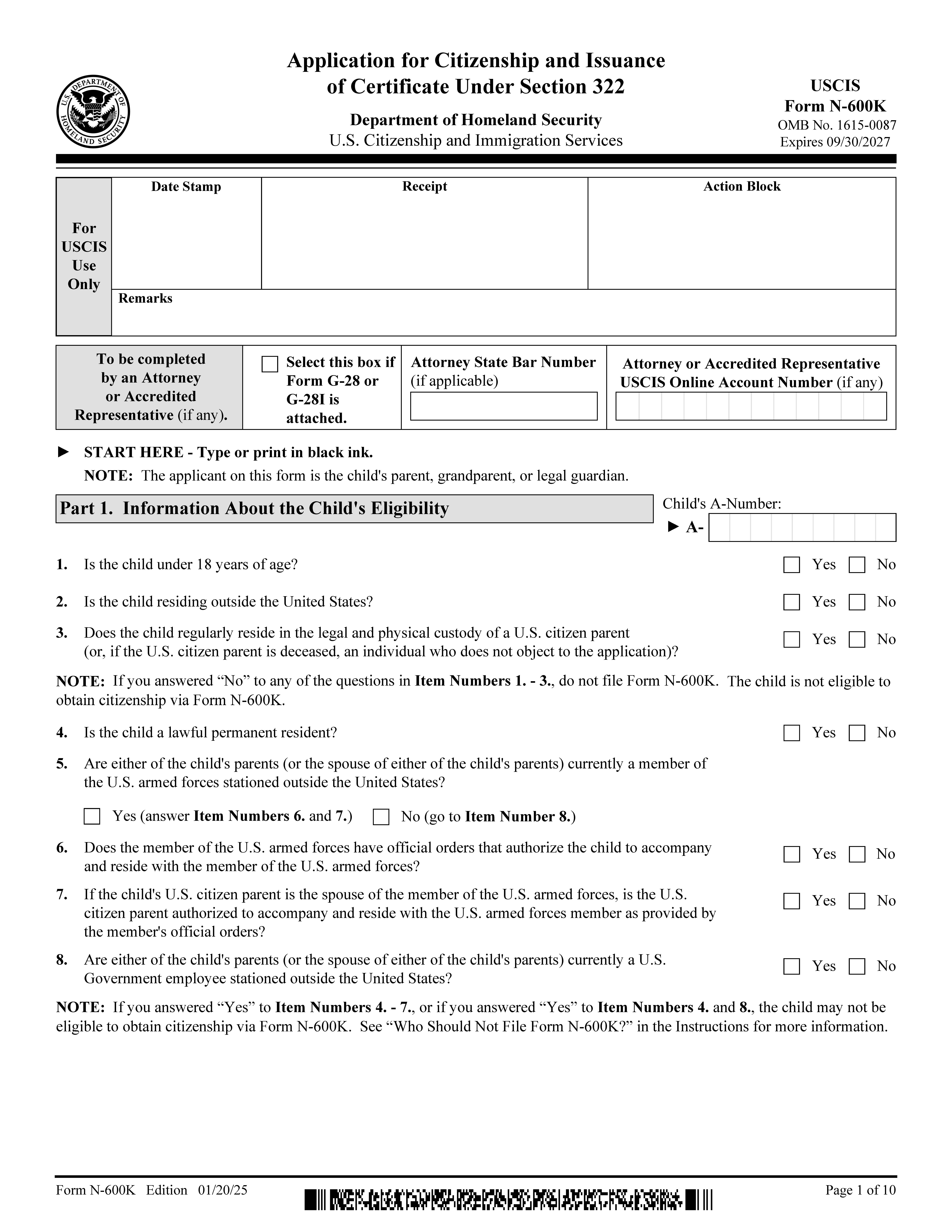Application For Citizenship And Issuance Of Certificate Under Section 322 {N-600K} | Pdf Fpdf Doc Docx | Official Federal Forms