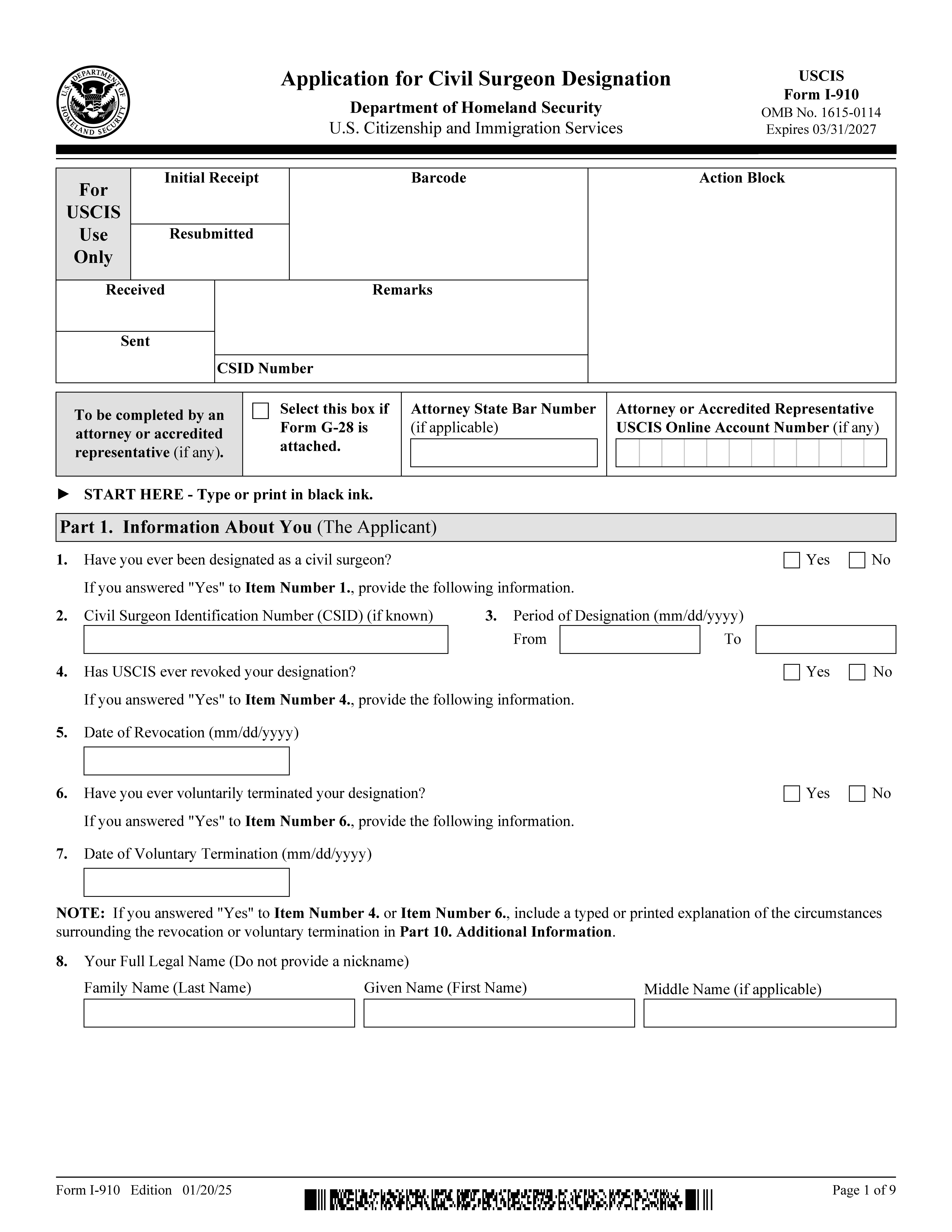 Application For Civil Surgeon Designation {I-910} | Pdf Fpdf Docx | Official Federal Forms