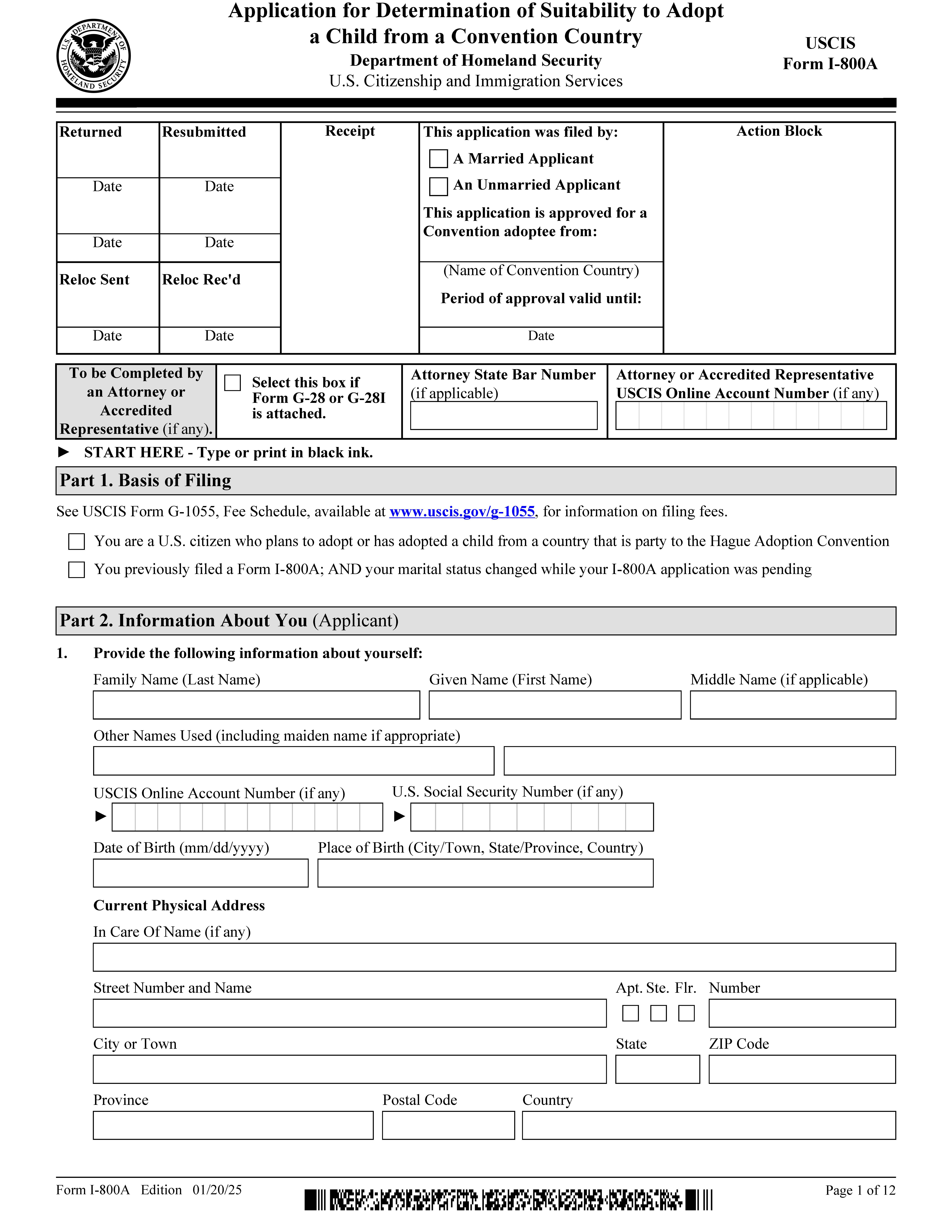 Application For Determination Of Suitability To Adopt A Child From A Convention Country {I-800A} | Pdf Fpdf Doc Docx | Official Federal Forms