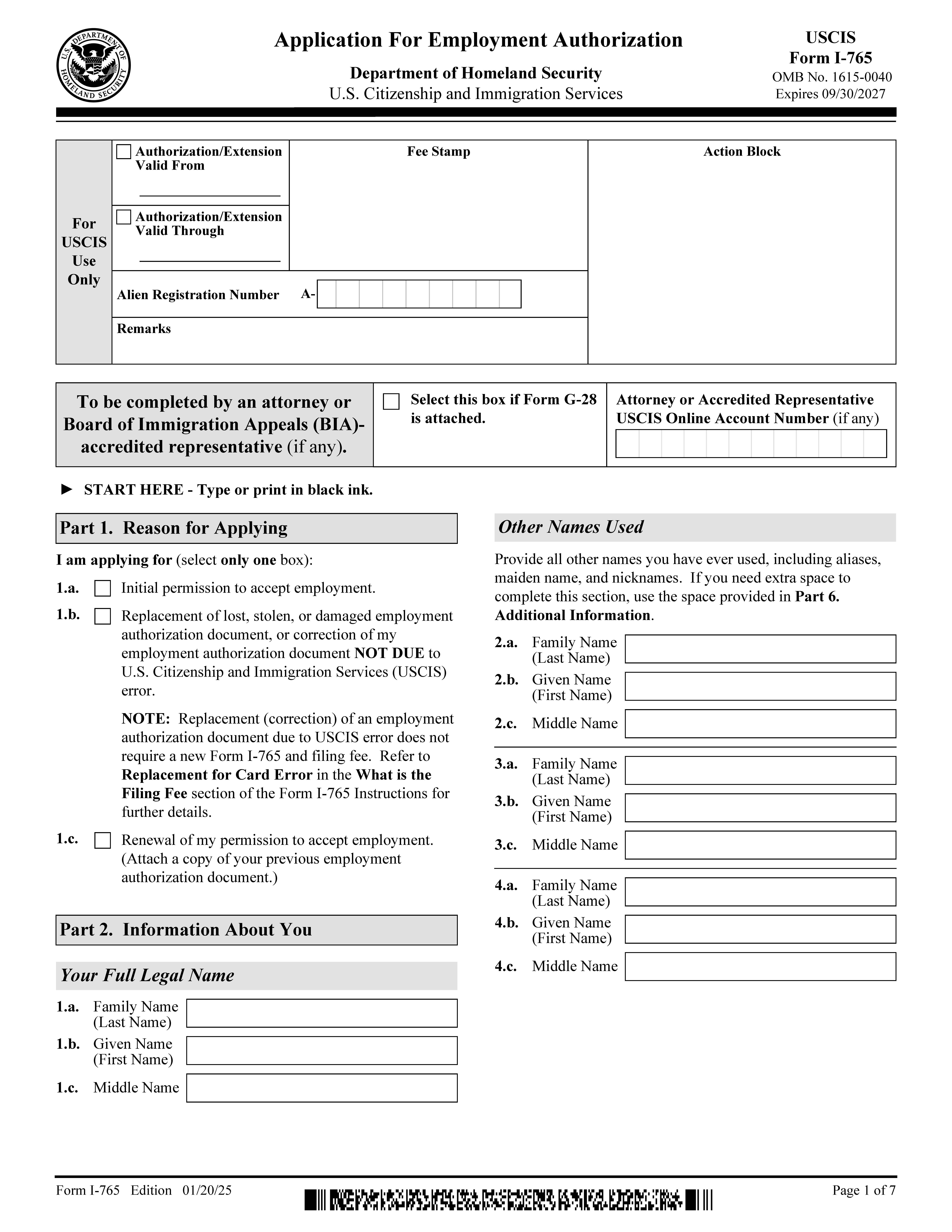 Application For Employment Authorization {I-765} | Pdf Fpdf Docx | Official Federal Forms