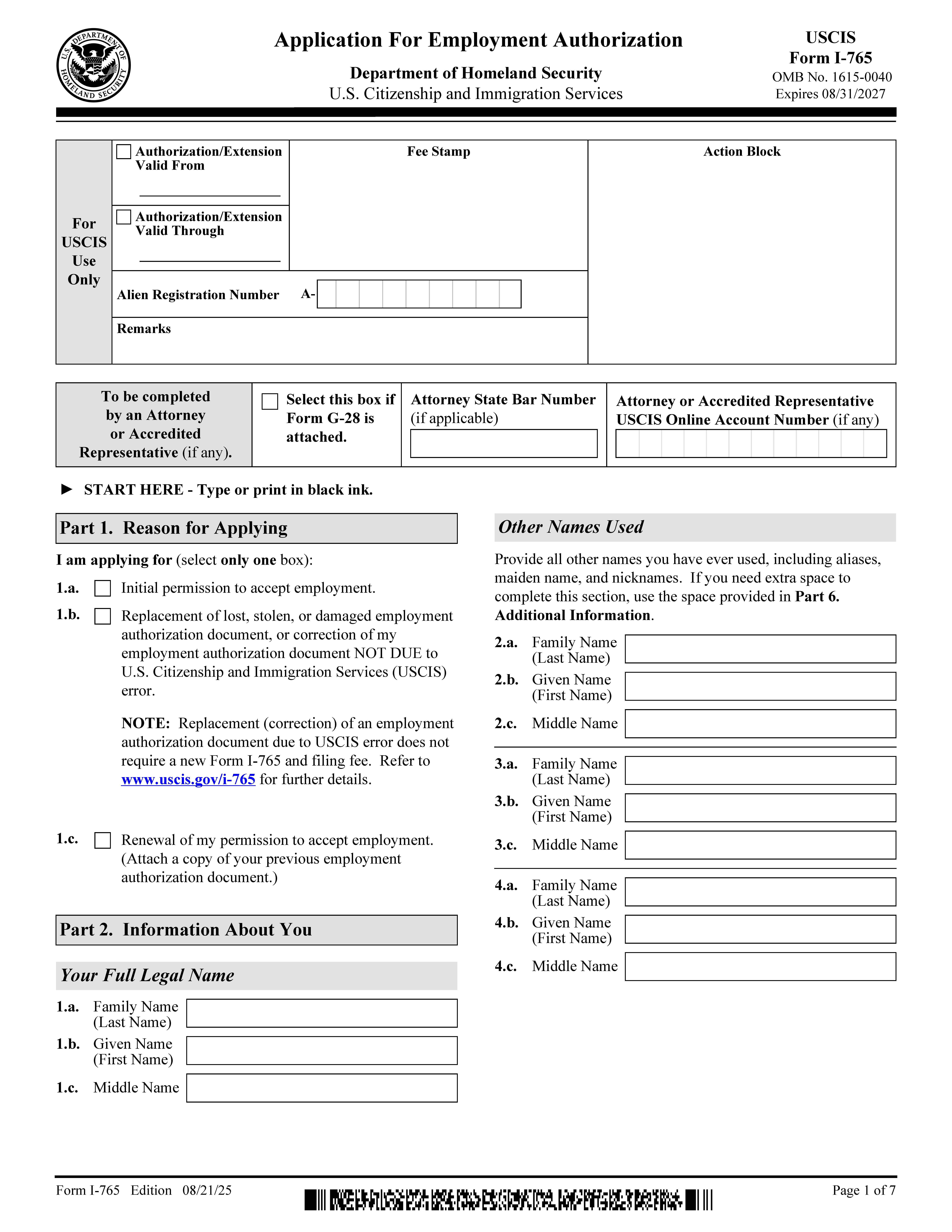 Application For Employment Authorization {I-765} | Pdf Fpdf Docx | Official Federal Forms