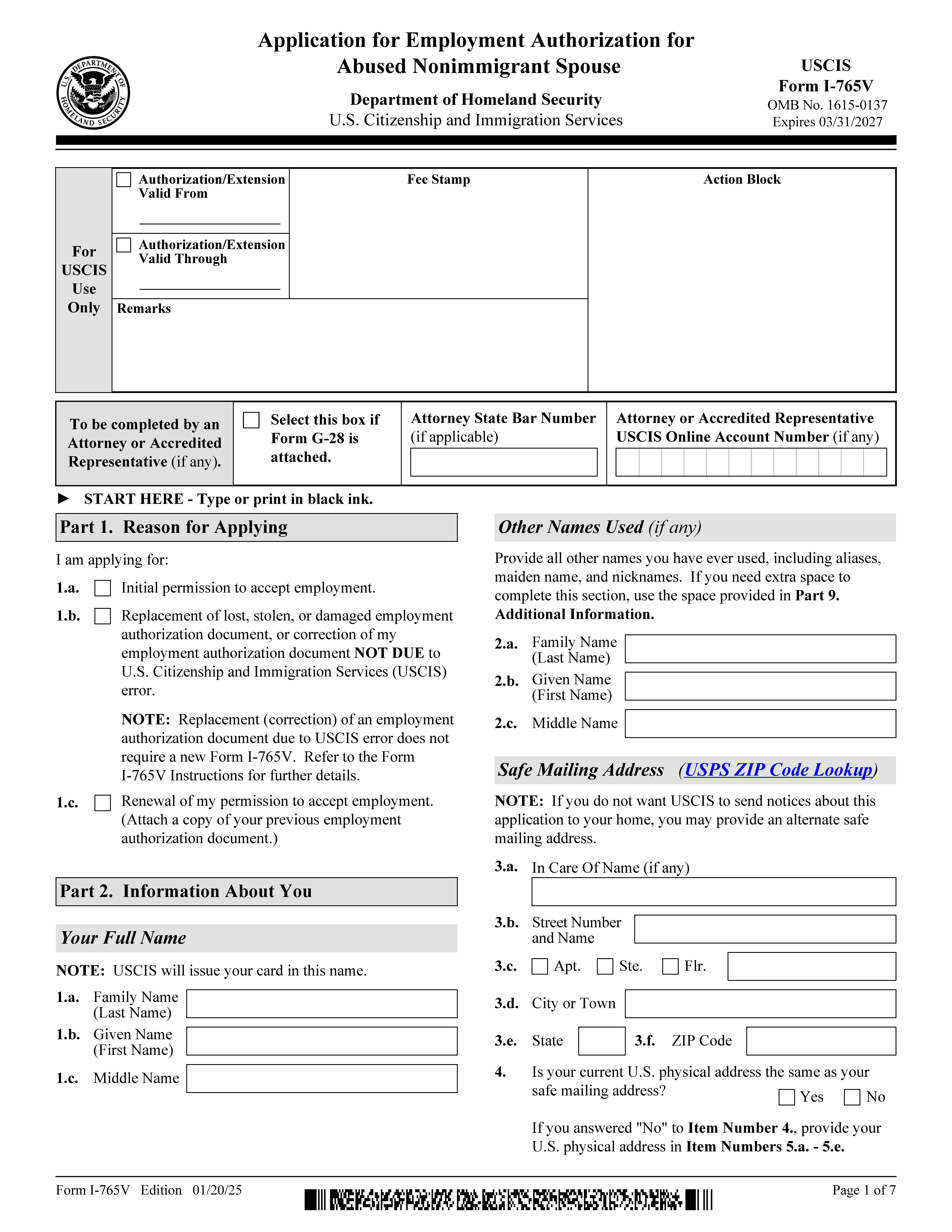 Application For Employment Authorization For Abused Nonimmigrant Spouse {I-765V} | Pdf Fpdf Doc Docx | Official Federal Forms