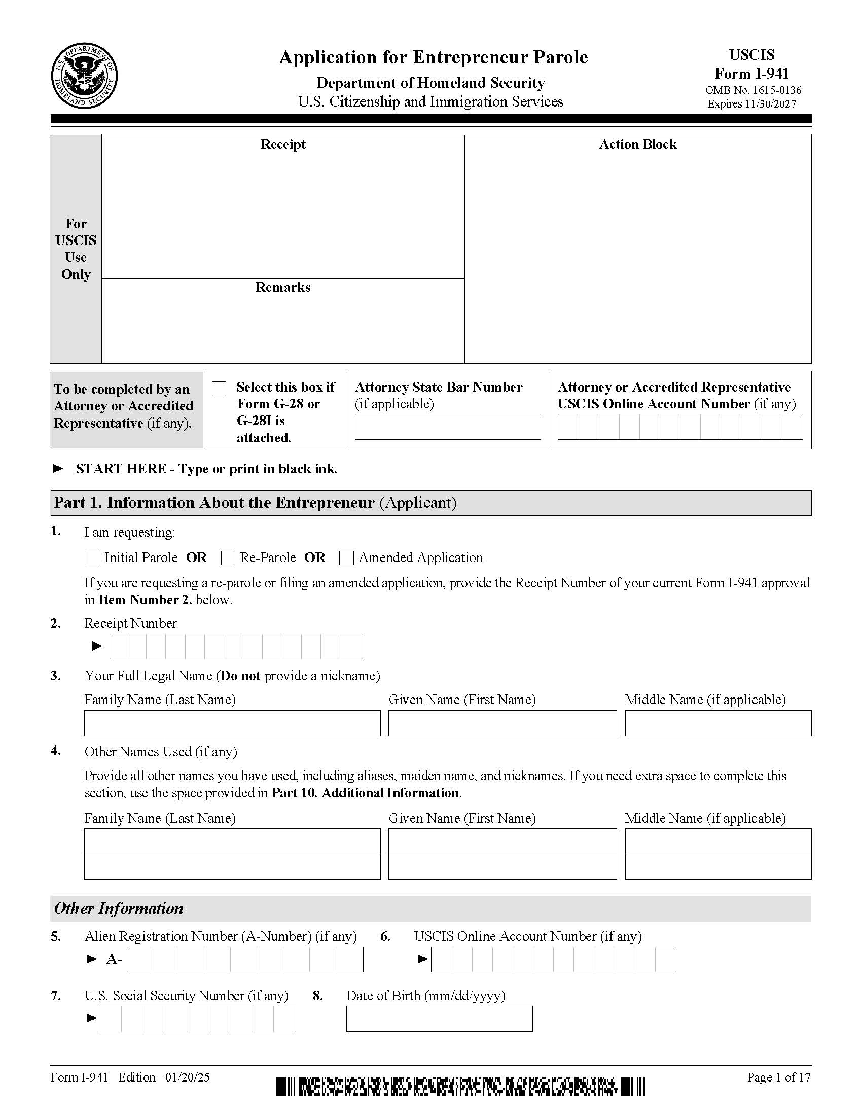 Application For Entrepreneur Parole {I-941} | Pdf Fpdf Docx | Official Federal Forms