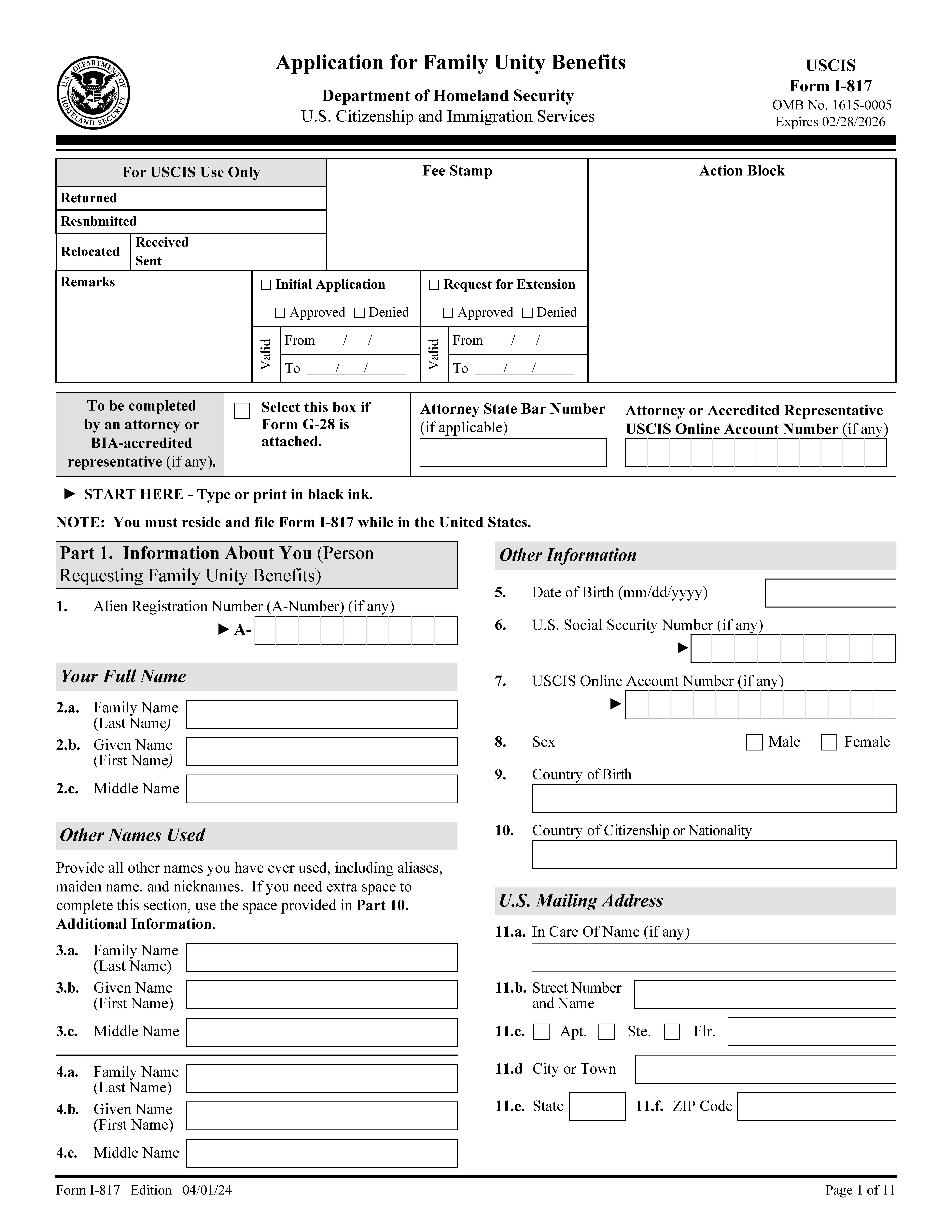 Application For Family Unity Benefits {I-817} | Pdf Fpdf Doc Docx | Official Federal Forms