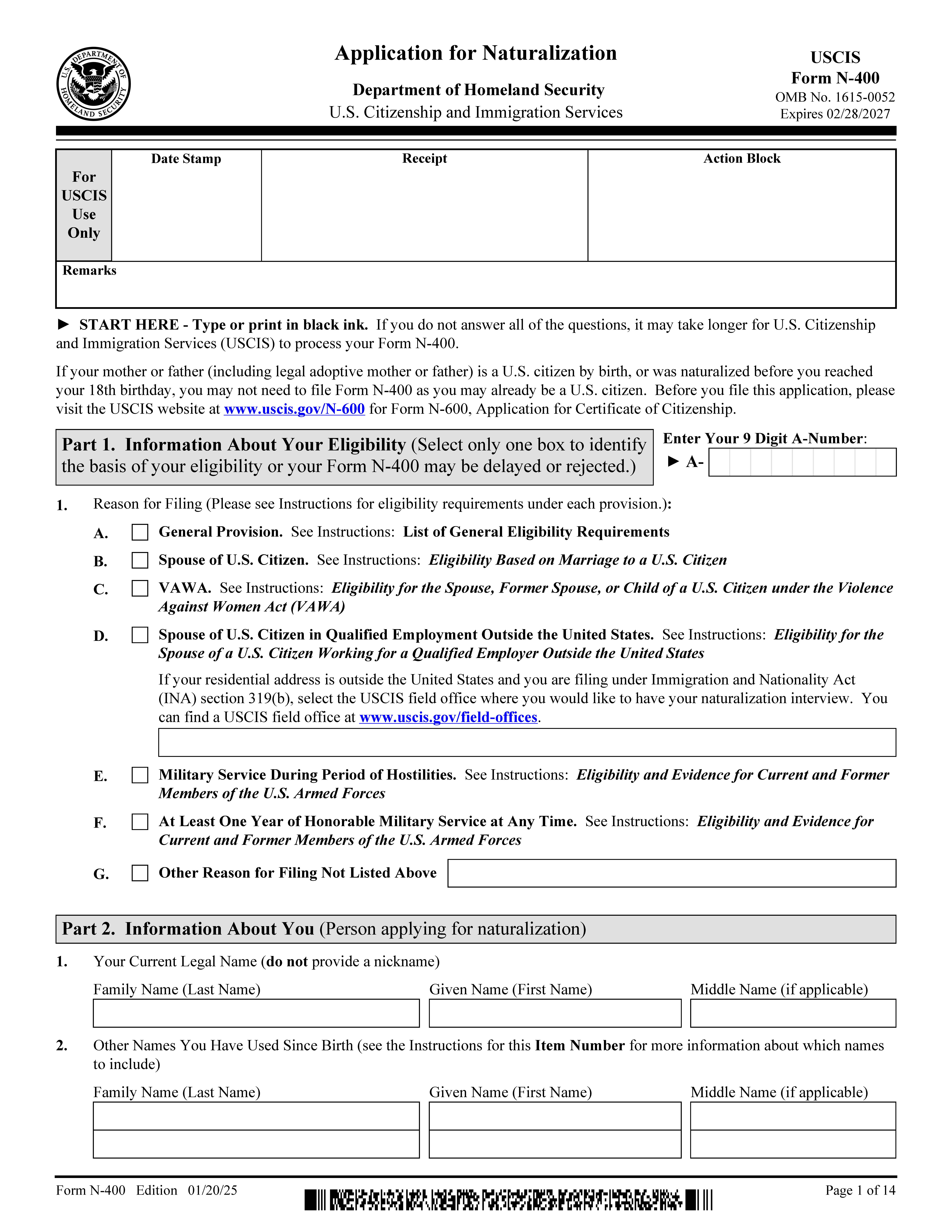 Application For Naturalization {N-400} | Pdf Fpdf Docx | Official Federal Forms