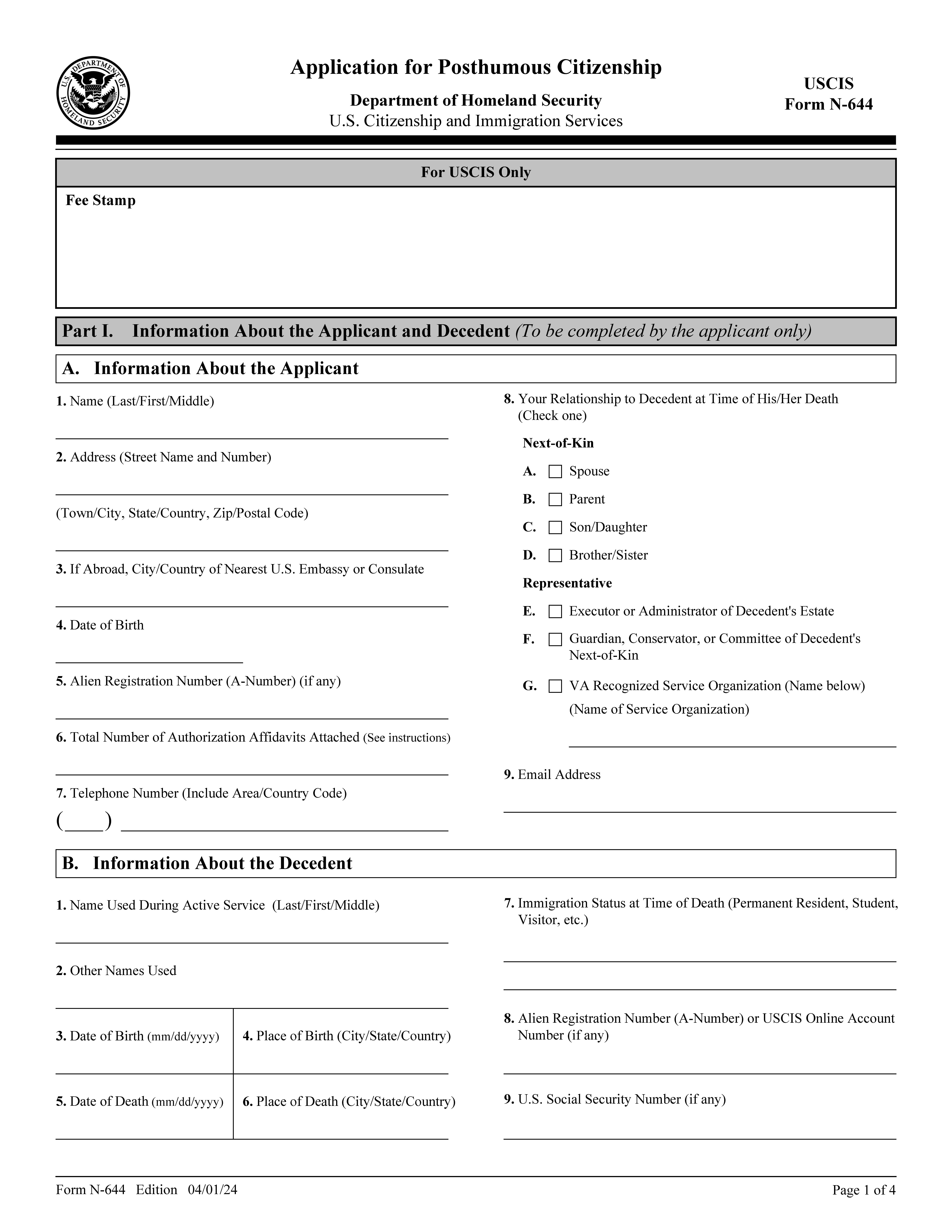 Application For Posthumous Citizenship {N-644} | Pdf Fpdf Doc Docx | Official Federal Forms