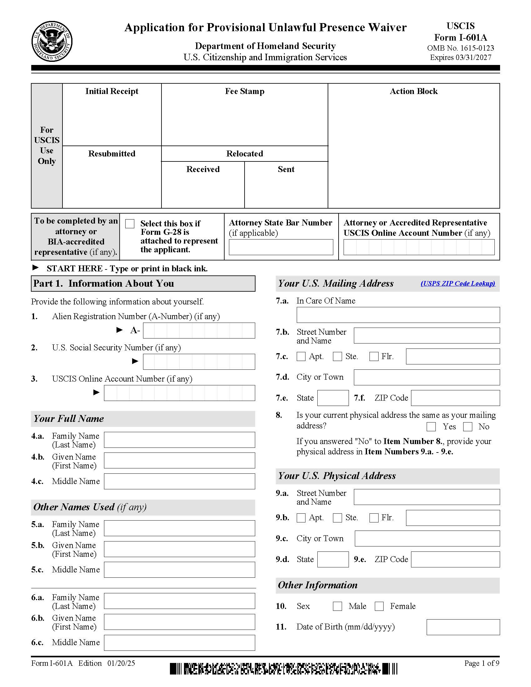 Application For Provisional Unlawful Presence Waiver {I-601A} | Pdf Fpdf Docx | Official Federal Forms