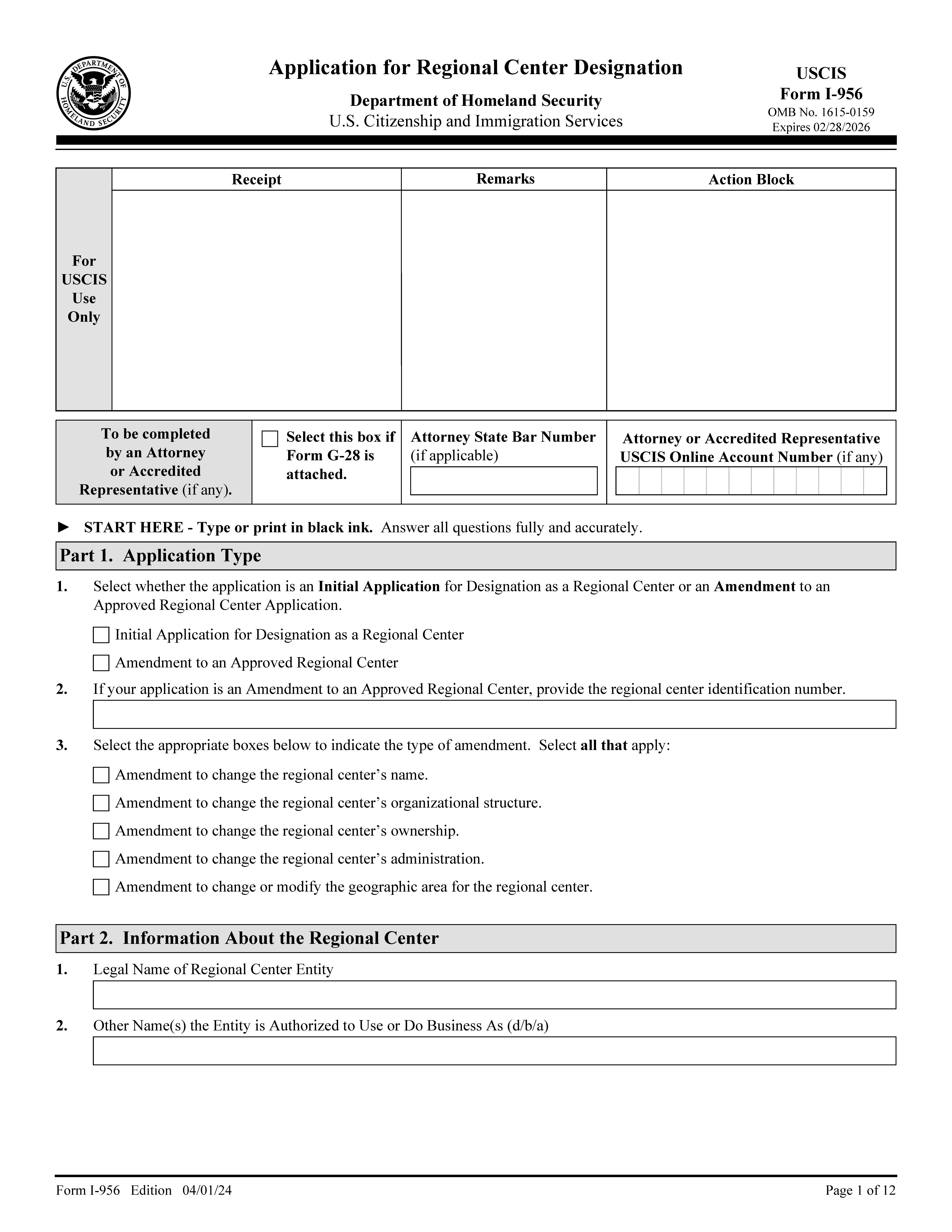 Application For Regional Center Designation {I-956} | Pdf Fpdf Docx | Official Federal Forms