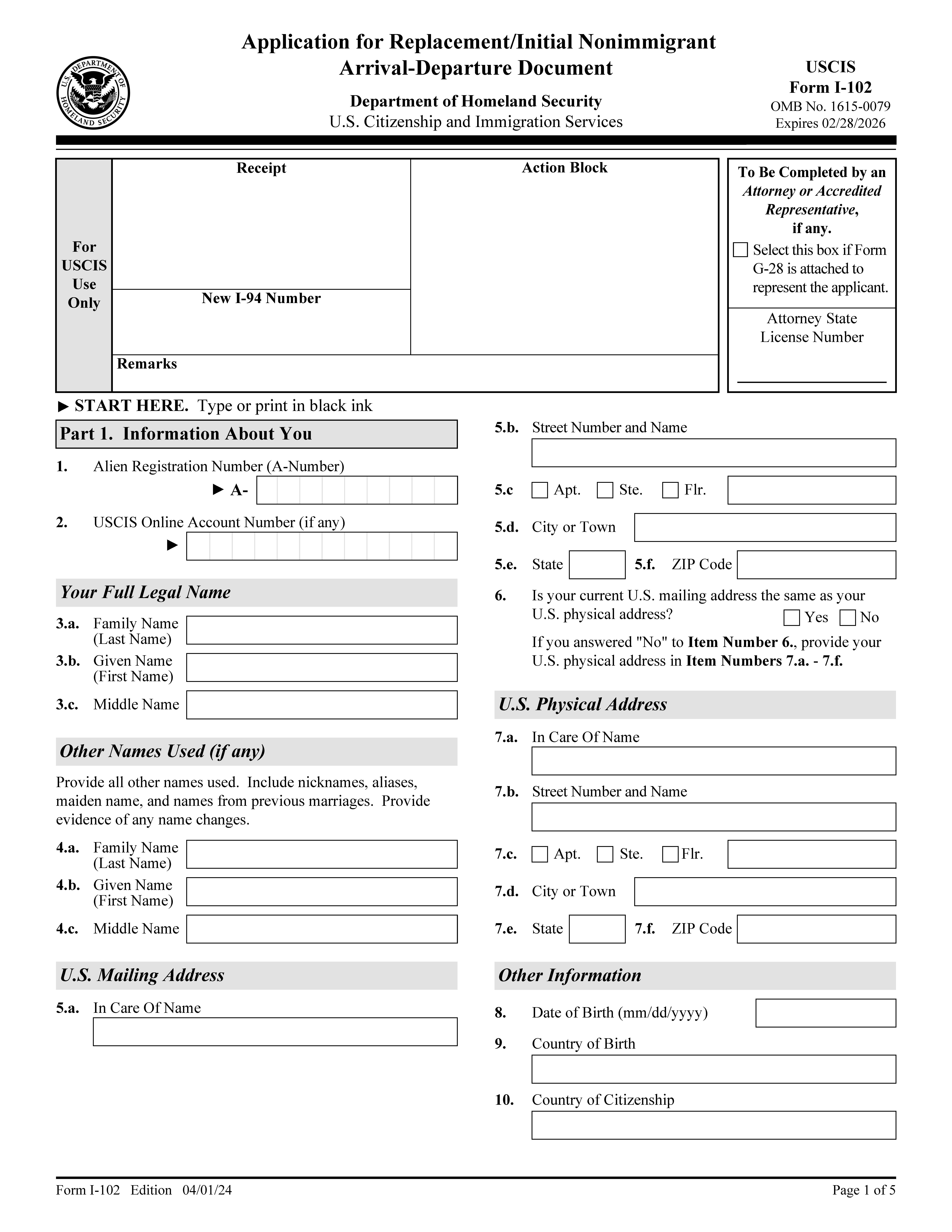 Application For Replacement-Initial Nonimmigrant Arrival-Departure Document {I-102} | Pdf Fpdf Doc Docx | Official Federal Forms