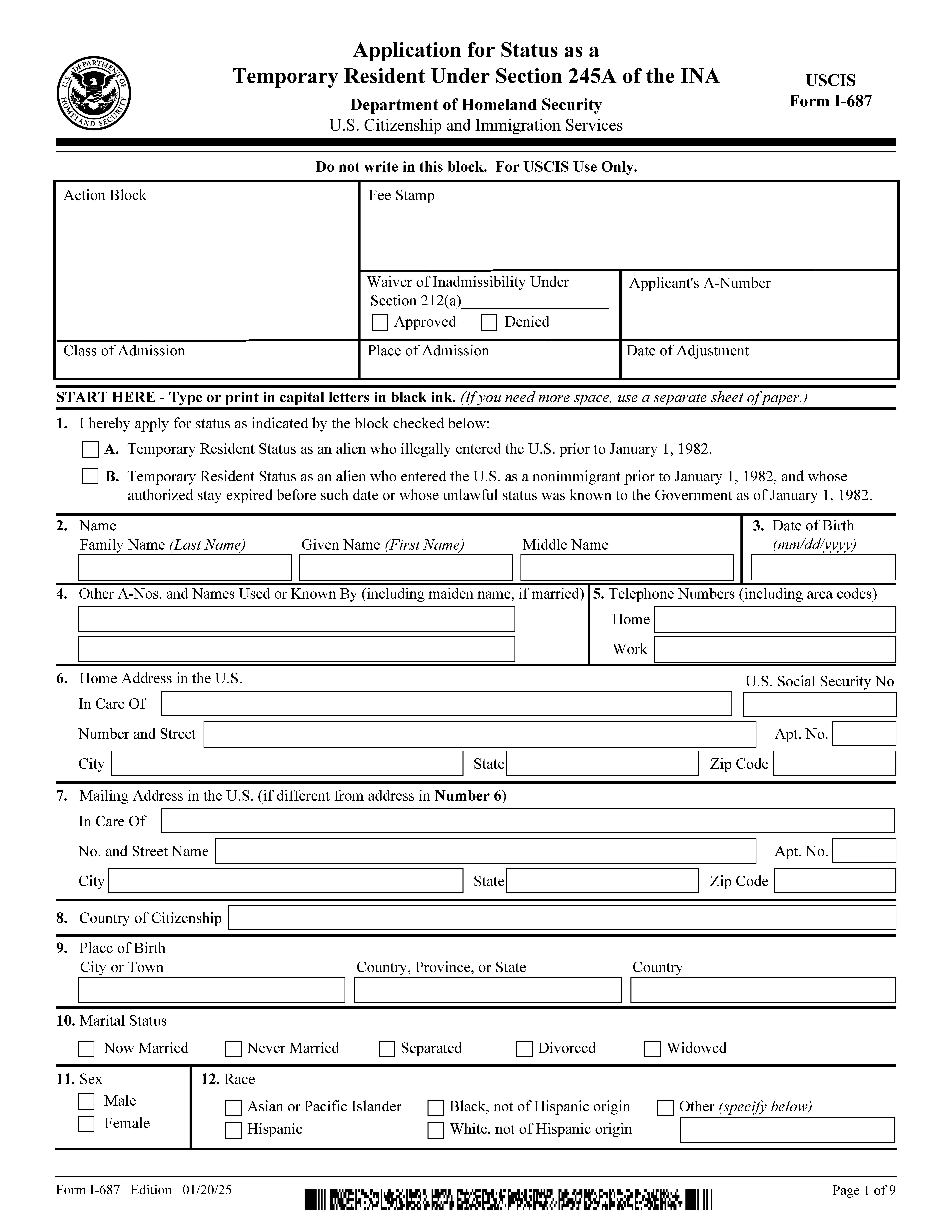 Application For Status As A Temporary Resident Under Section 245A Of The INA {I-687} | Pdf Fpdf Doc Docx | Official Federal Forms