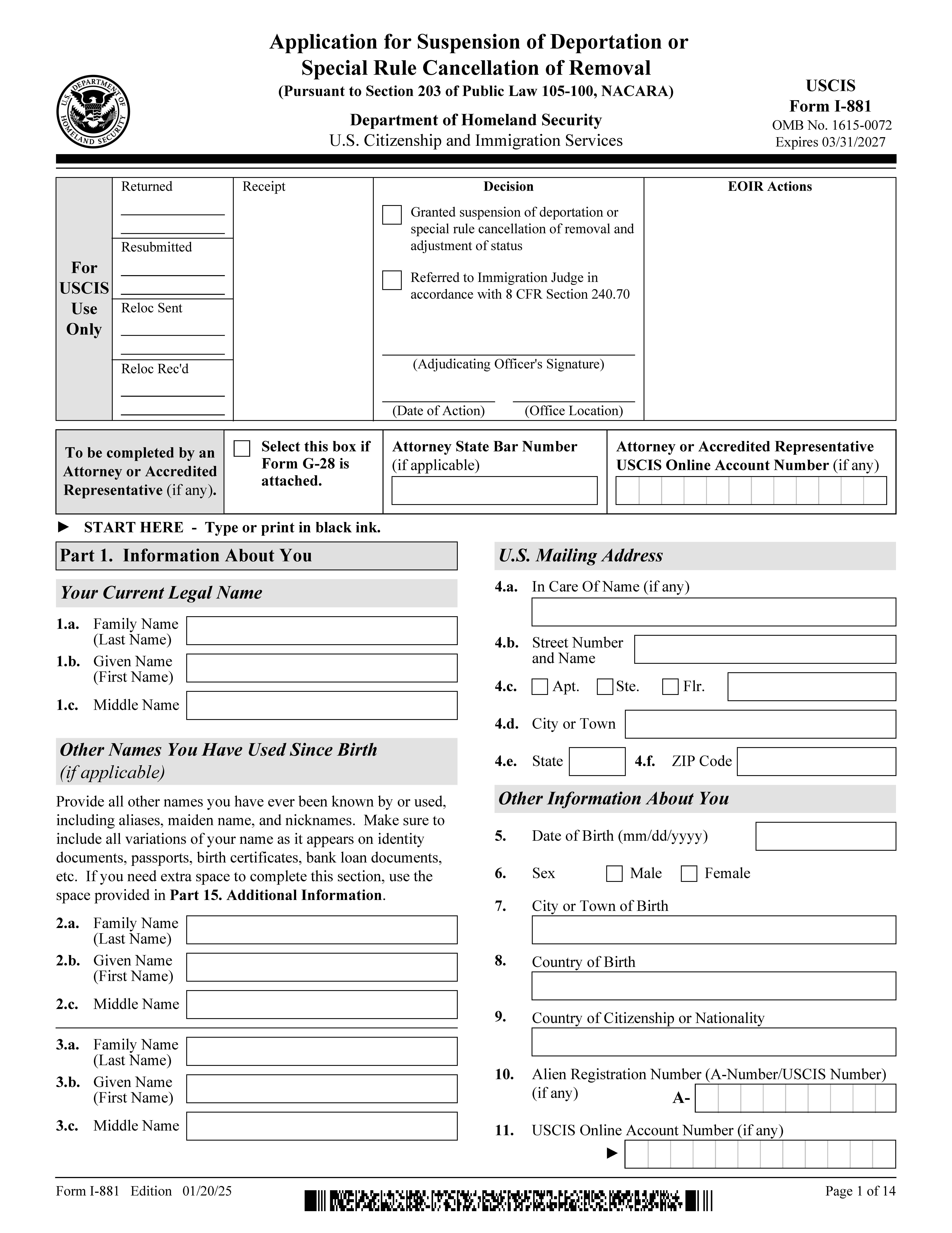 Application For Suspension Of Deportation Or Special Rule Cancellation Of Removal (NACARA) {I-881} | Pdf Fpdf Doc Docx | Official Federal Forms