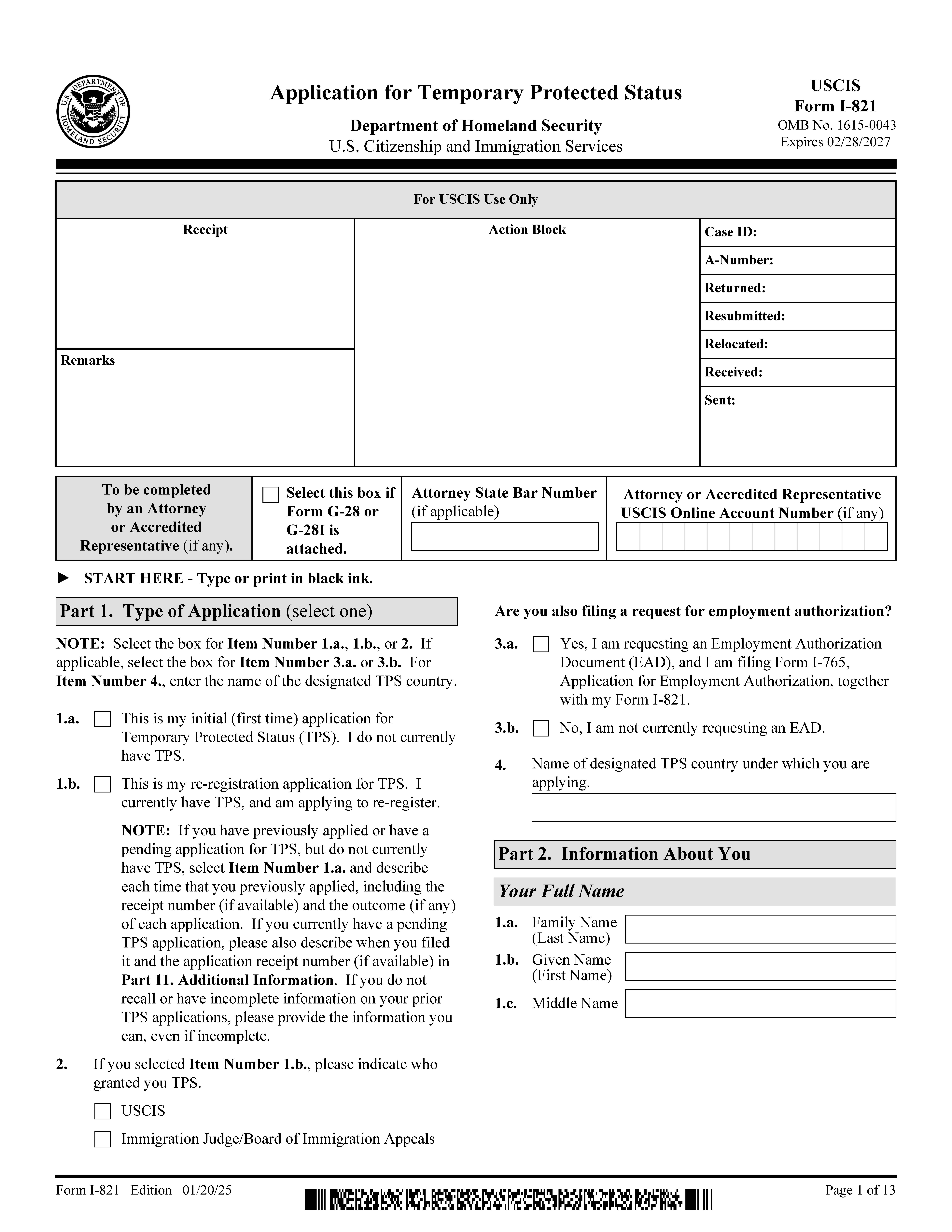 Application For Temporary Protected Status {I-821} | Pdf Fpdf Docx | Official Federal Forms