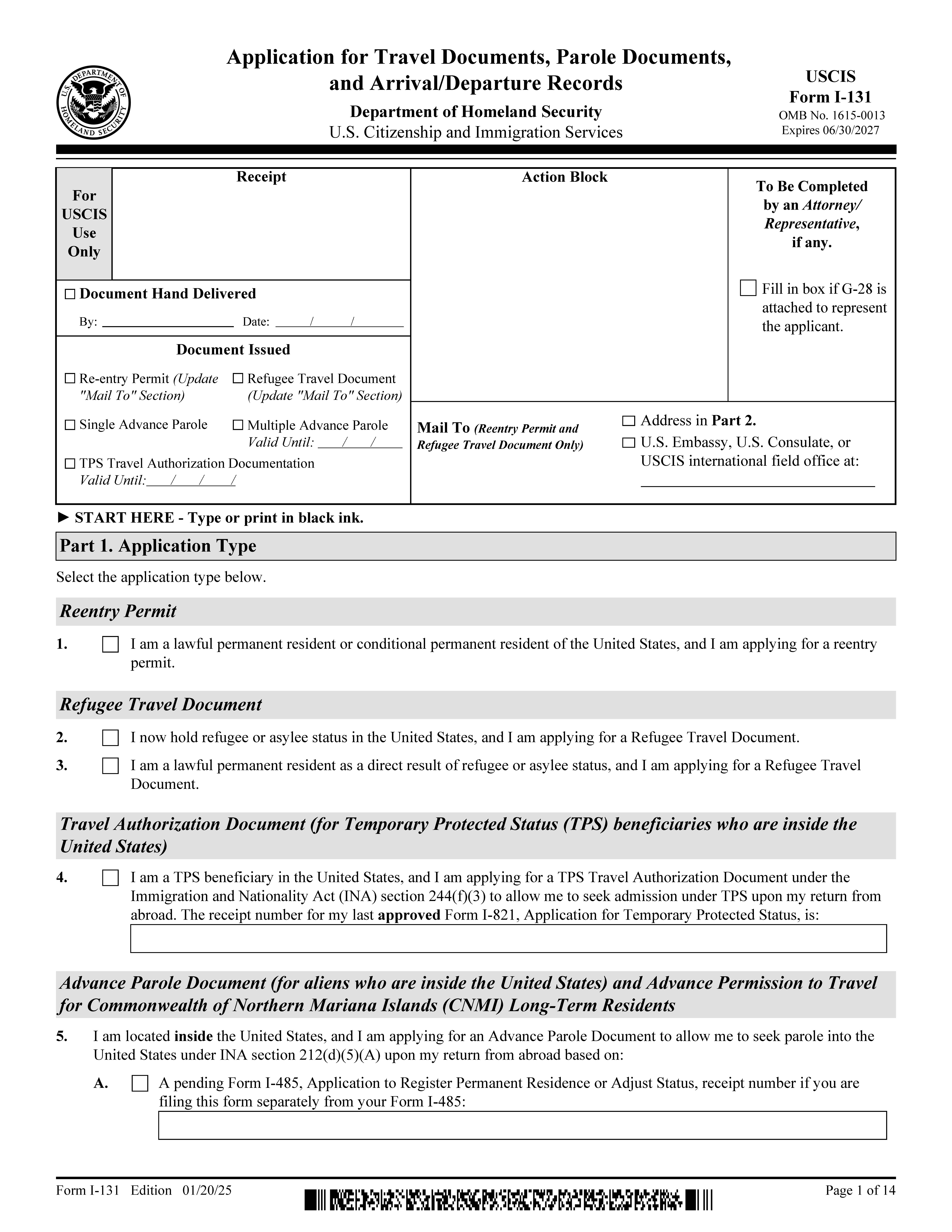 Application For Travel Document {I-131} | Pdf Fpdf Docx | Official Federal Forms