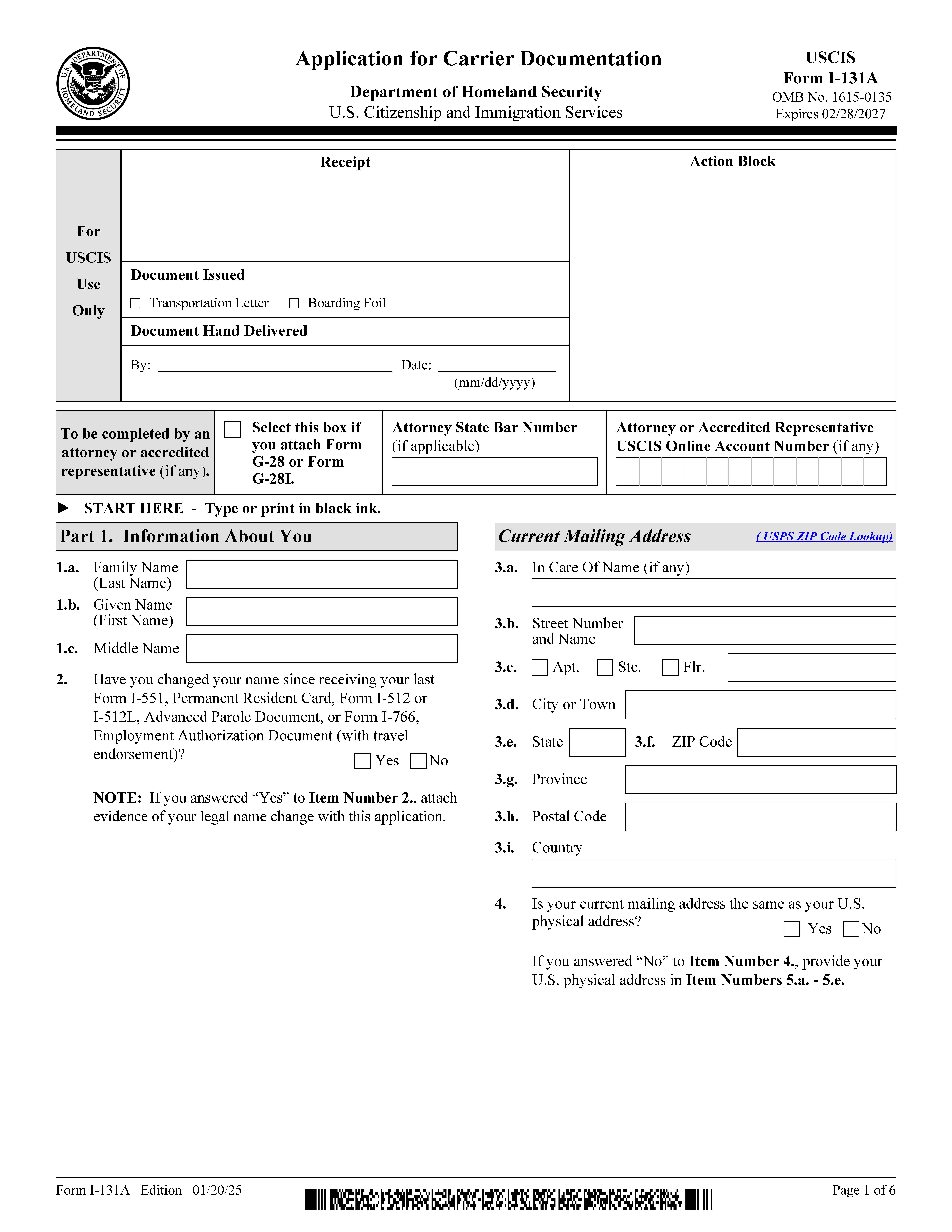 Application For Travel Document (Carrier Documentation) {I-131A} | Pdf Fpdf Doc Docx | Official Federal Forms