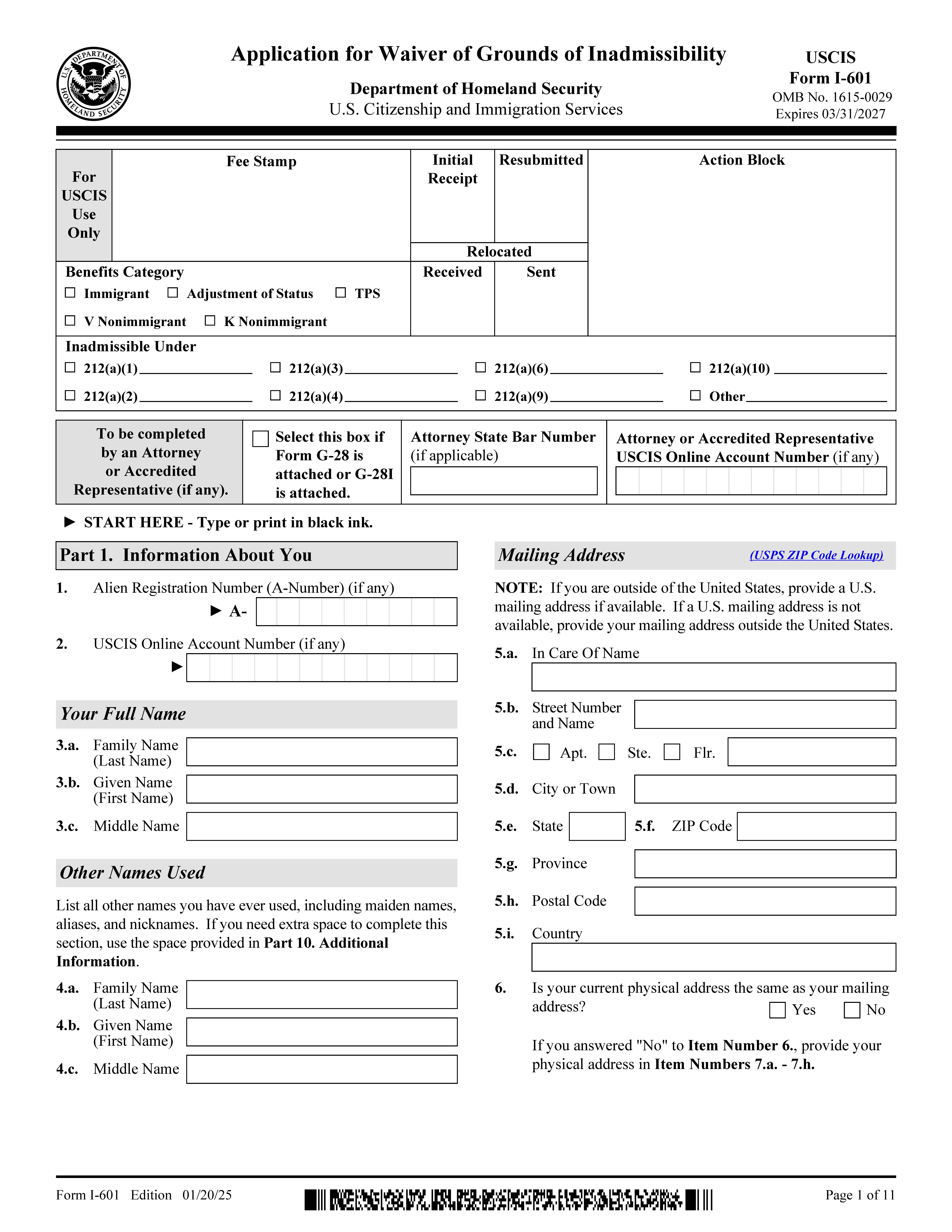 Application For Waiver Of Grounds Of Inadmissibility {I-601} | Pdf Fpdf Doc Docx | Official Federal Forms