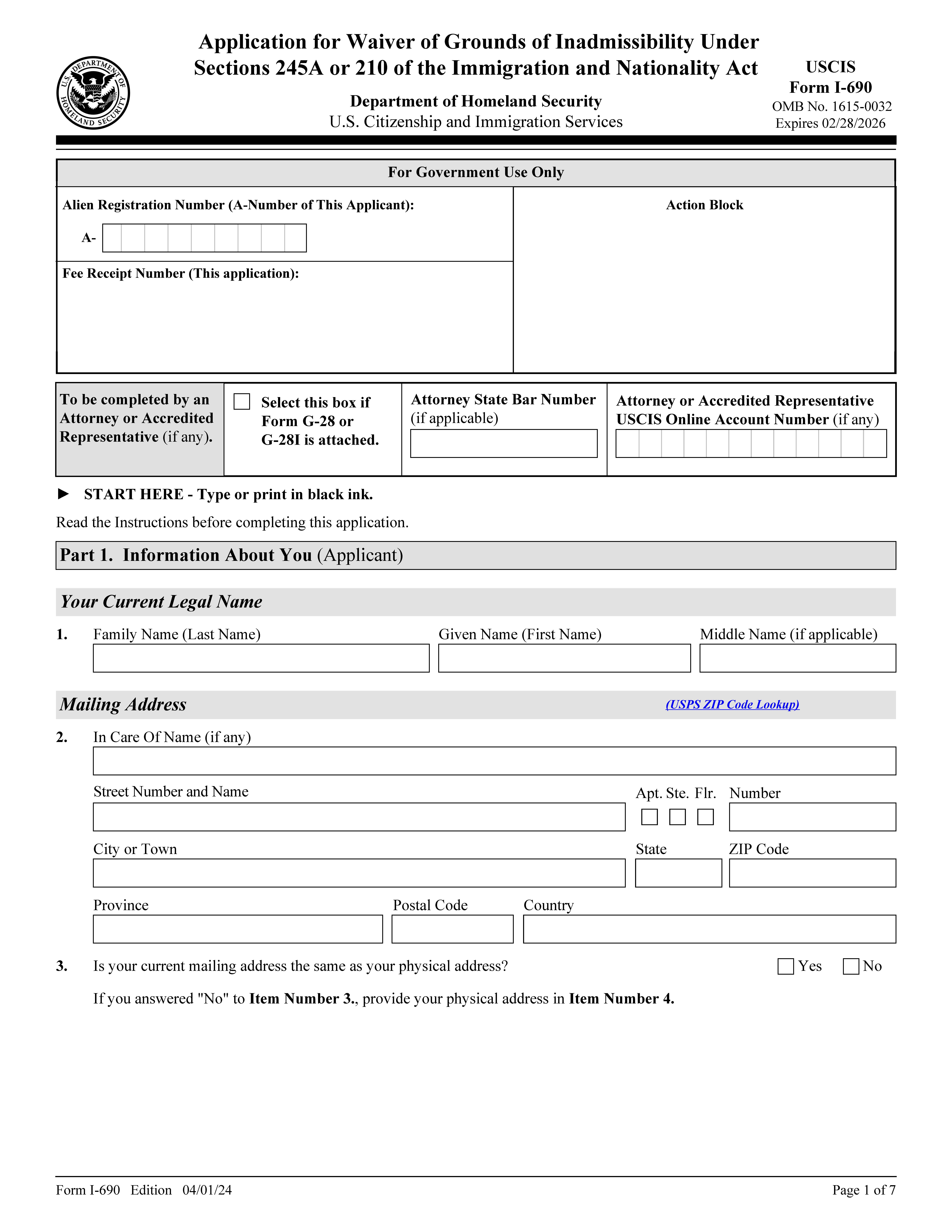 Application For Waiver Of Grounds Of Inadmissibility {I-690} | Pdf Fpdf Doc Docx | Official Federal Forms