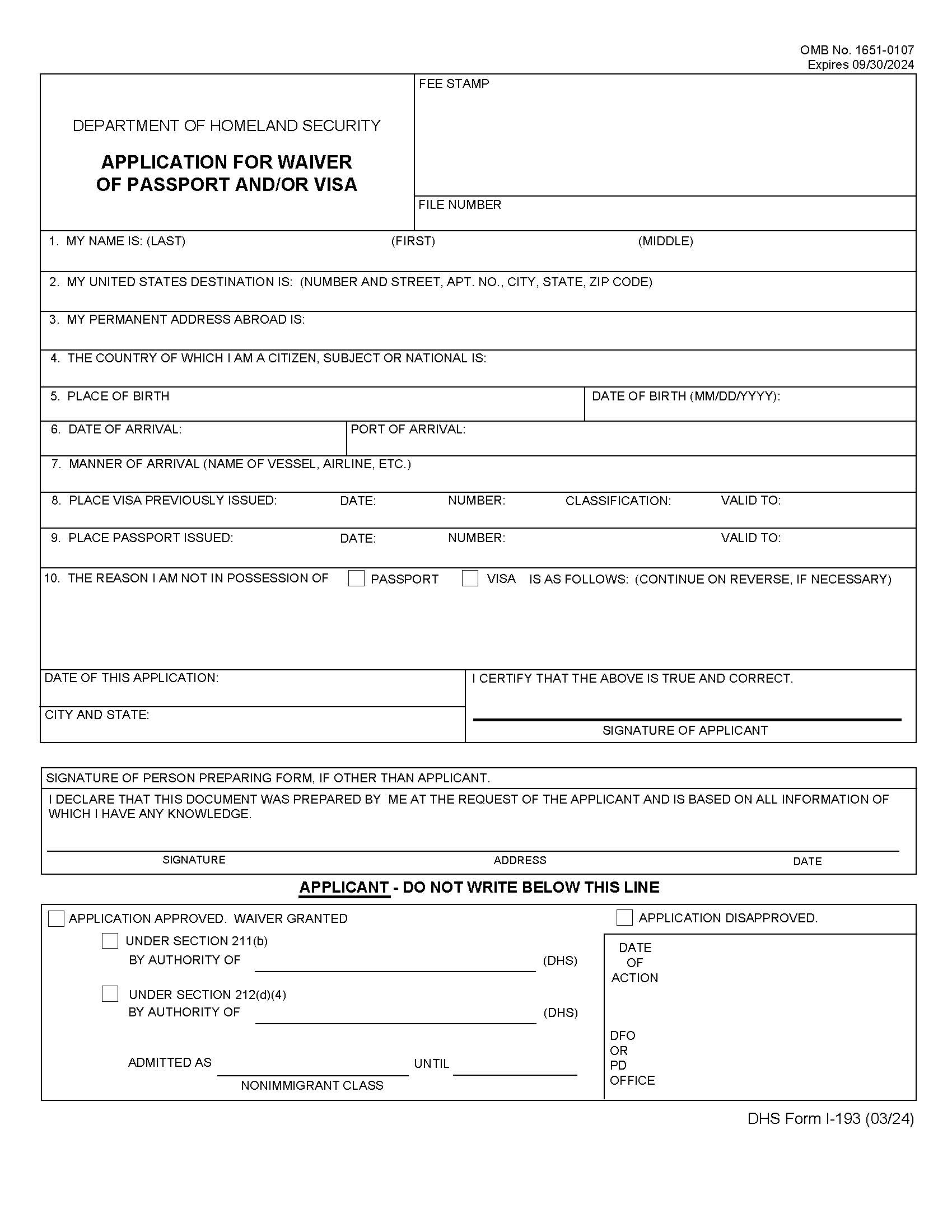 Application For Waiver Of Passport And Or Visa {I-193} | Pdf Fpdf Doc Docx | Official Federal Forms