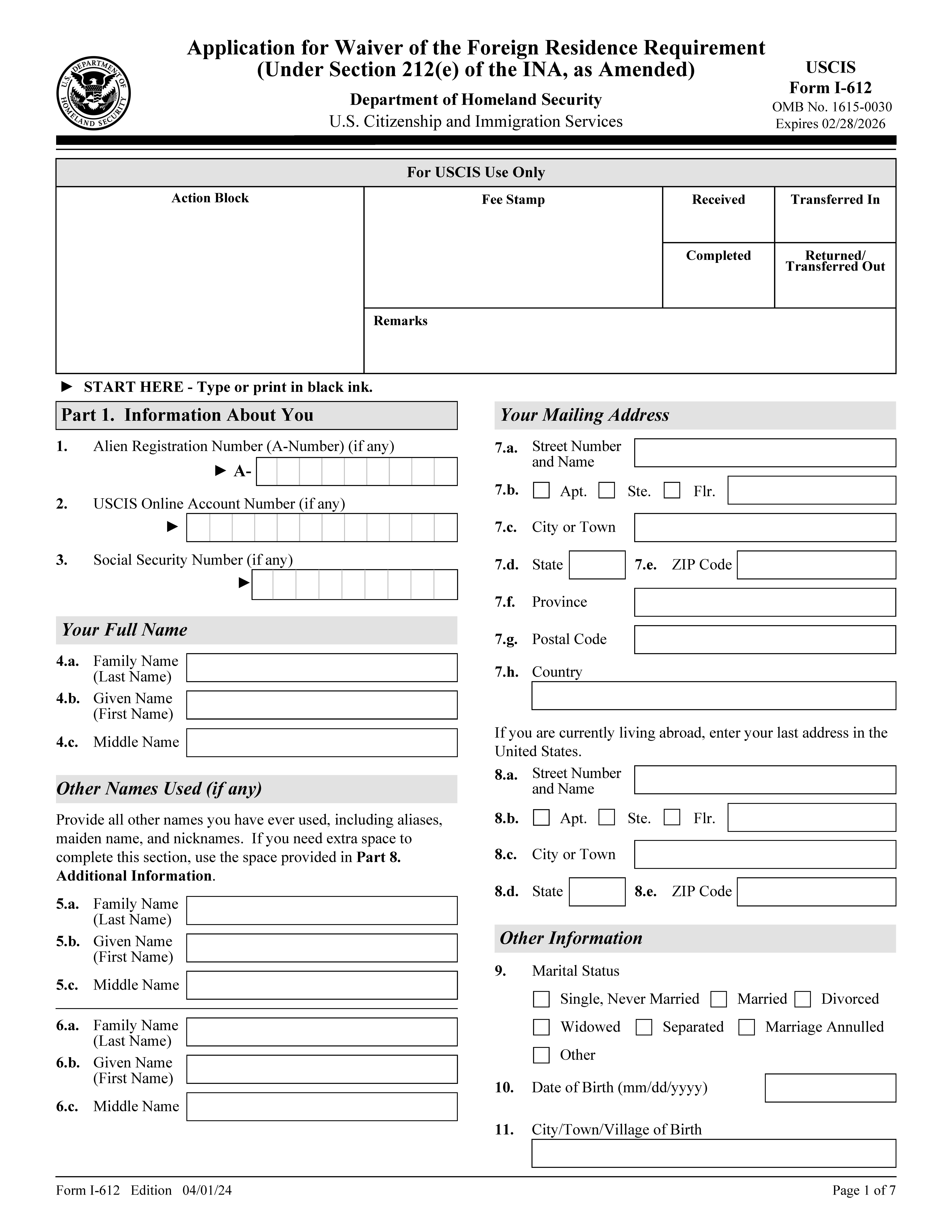 Application For Waiver Of The Foreign Residence Requirement Of Section 212(e) {I-612} | Pdf Fpdf Doc Docx | Official Federal Forms