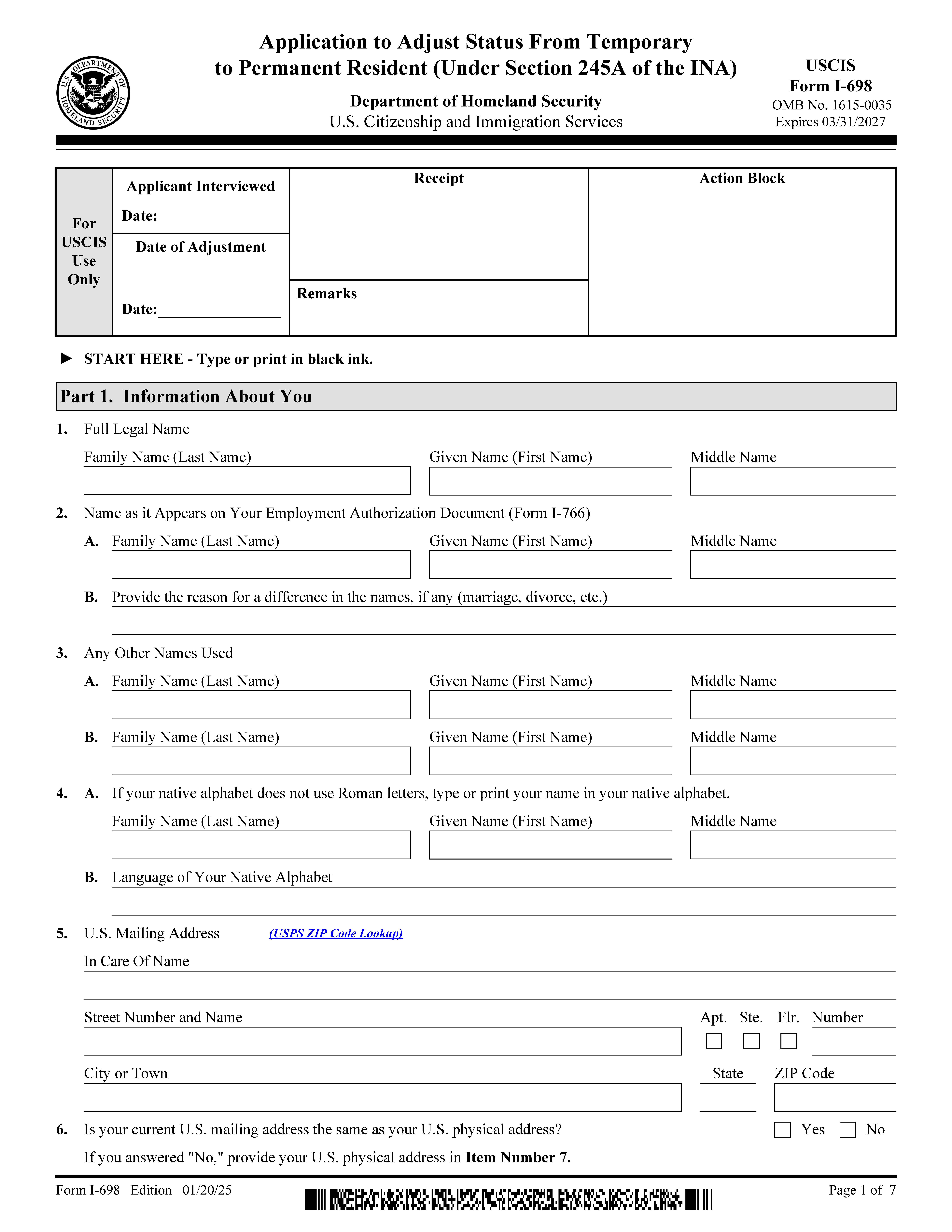 Application To Adjust Status From Temporary To Permanent Resident {I-698} | Pdf Fpdf Doc Docx | Official Federal Forms