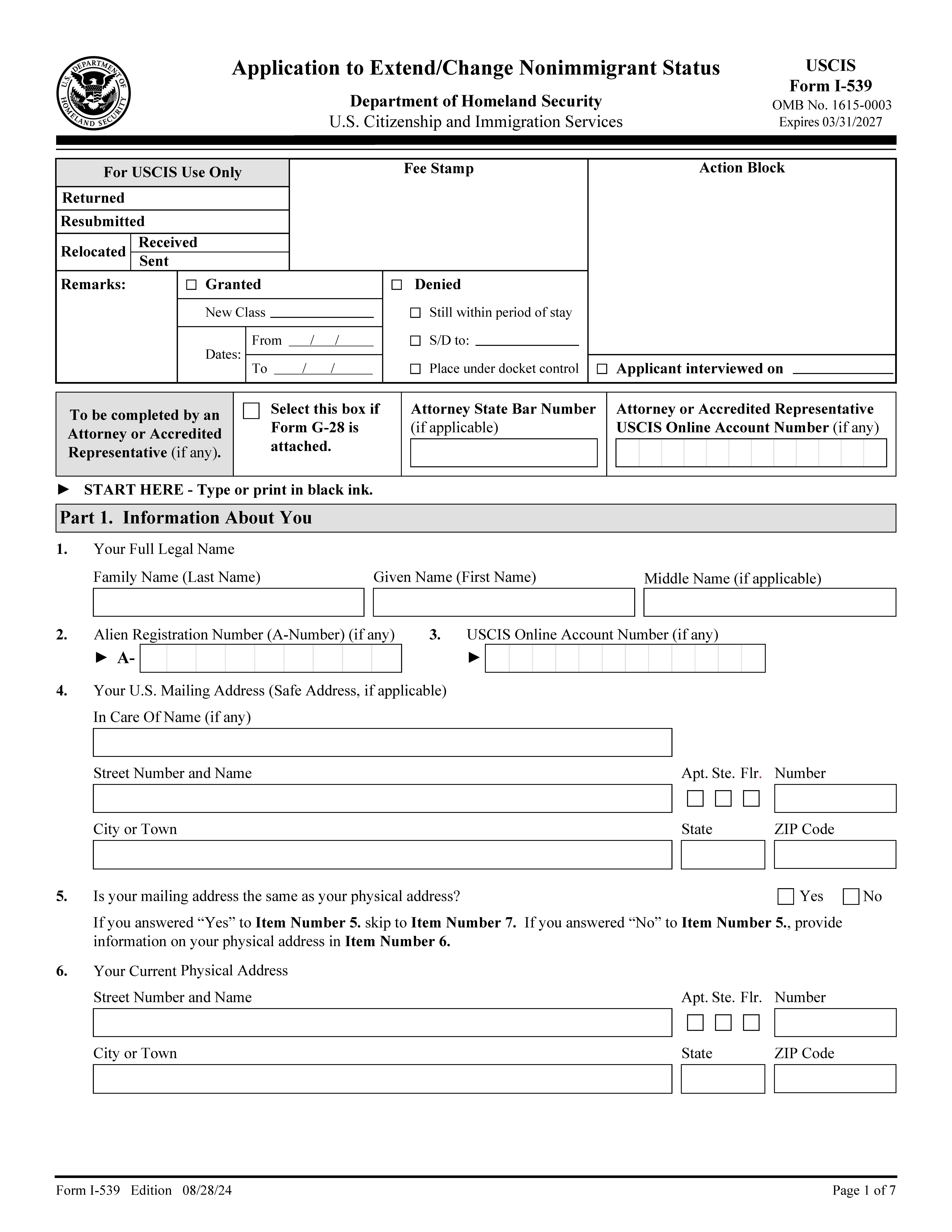 Application To Extend-Change Nonimmigrant Status {I-539} | Pdf Fpdf Docx | Official Federal Forms