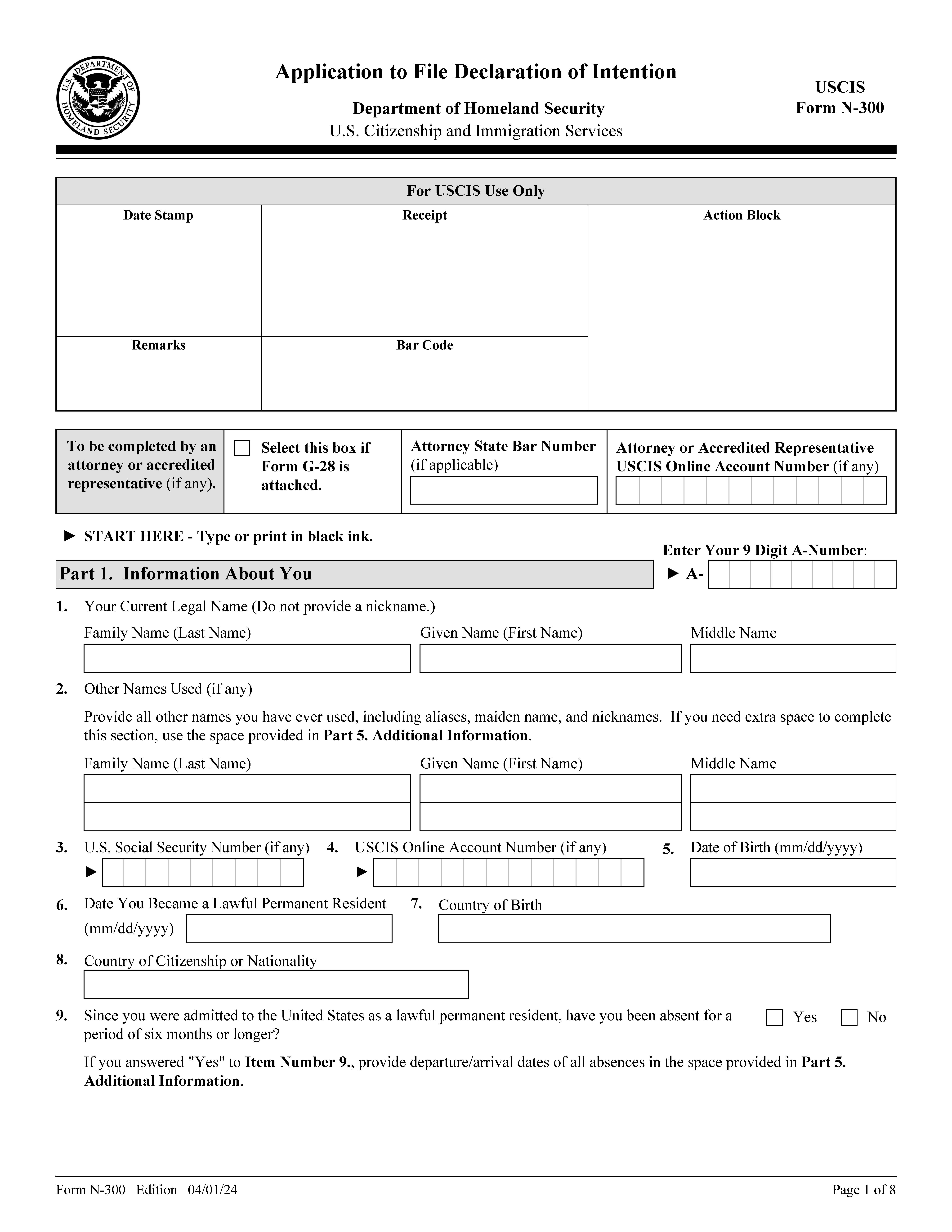 Application To File Declaration Of Intention {N-300} | Pdf Fpdf Docx | Official Federal Forms