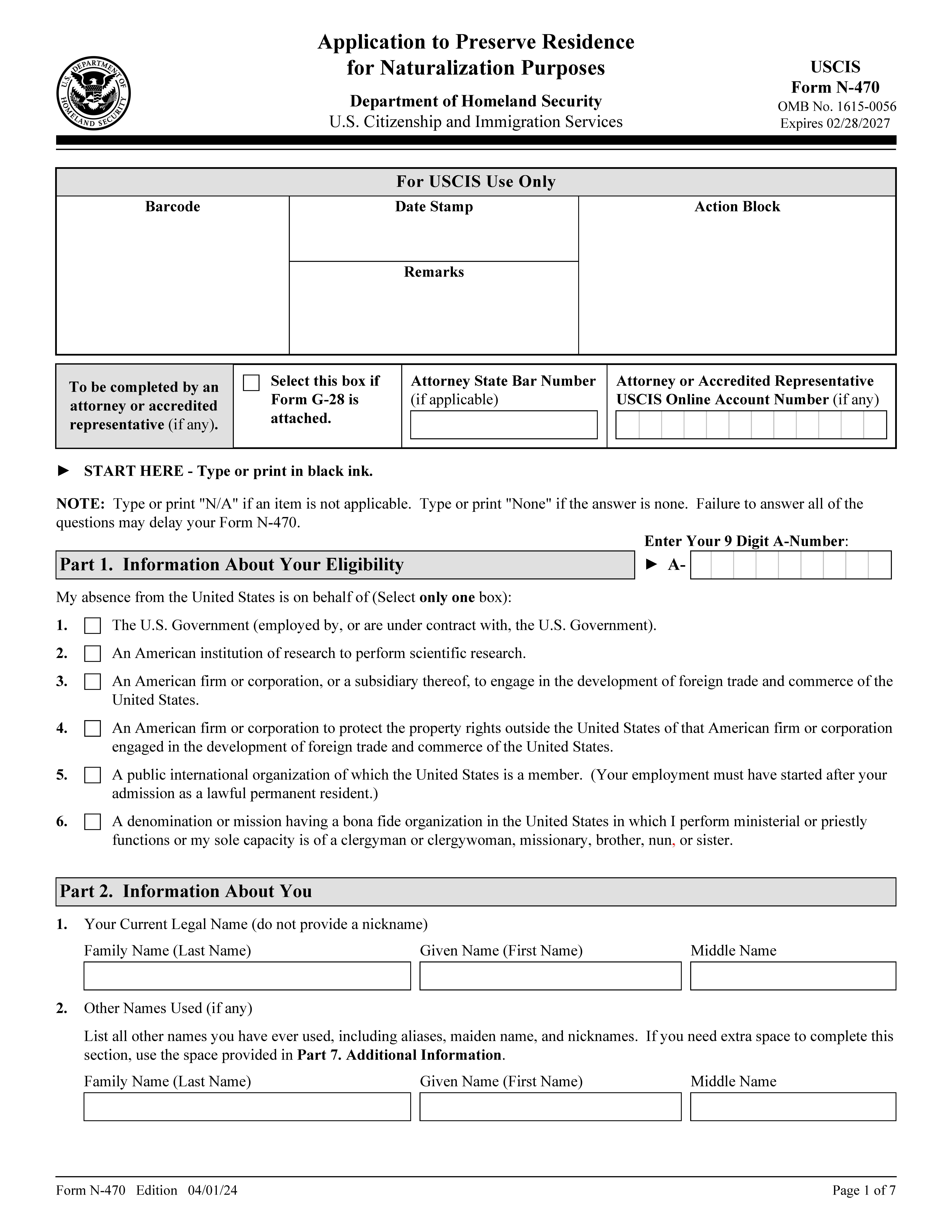 Application To Preserve Residence For Naturalization Purposes {N-470} | Pdf Fpdf Doc Docx | Official Federal Forms