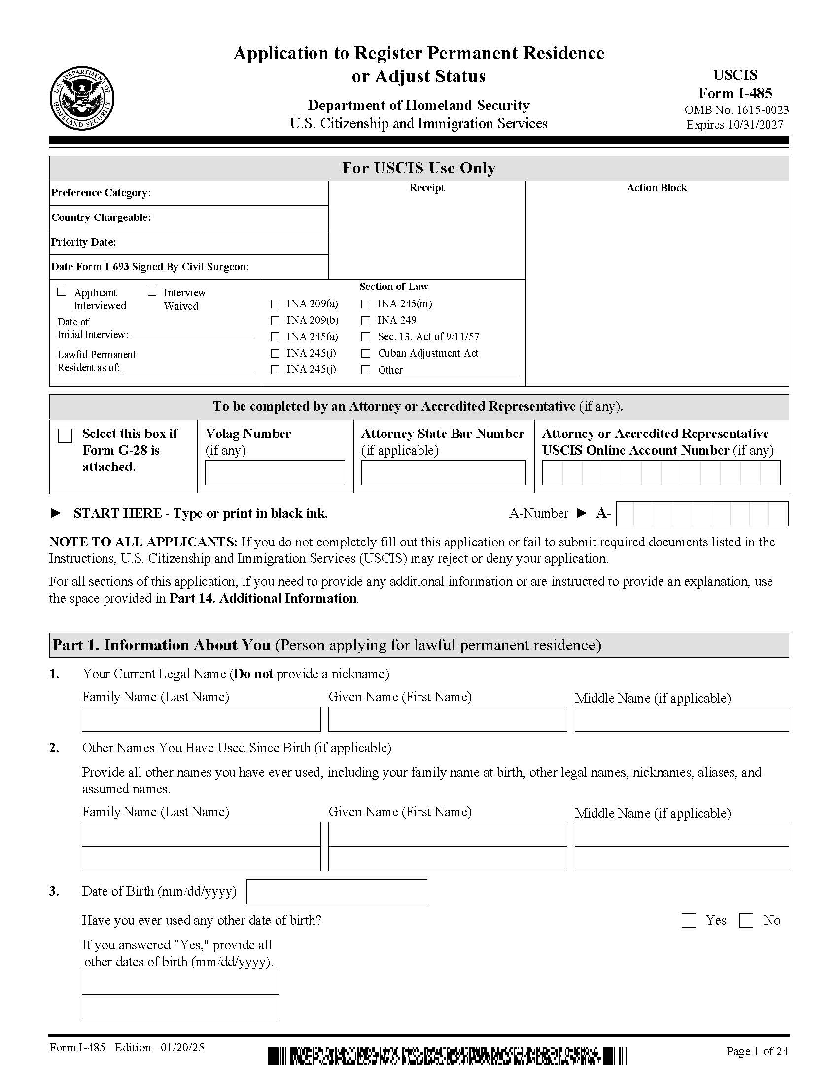 Application To Register Permanent Residence Or Adjust Status {I-485} | Pdf Fpdf Docx | Official Federal Forms