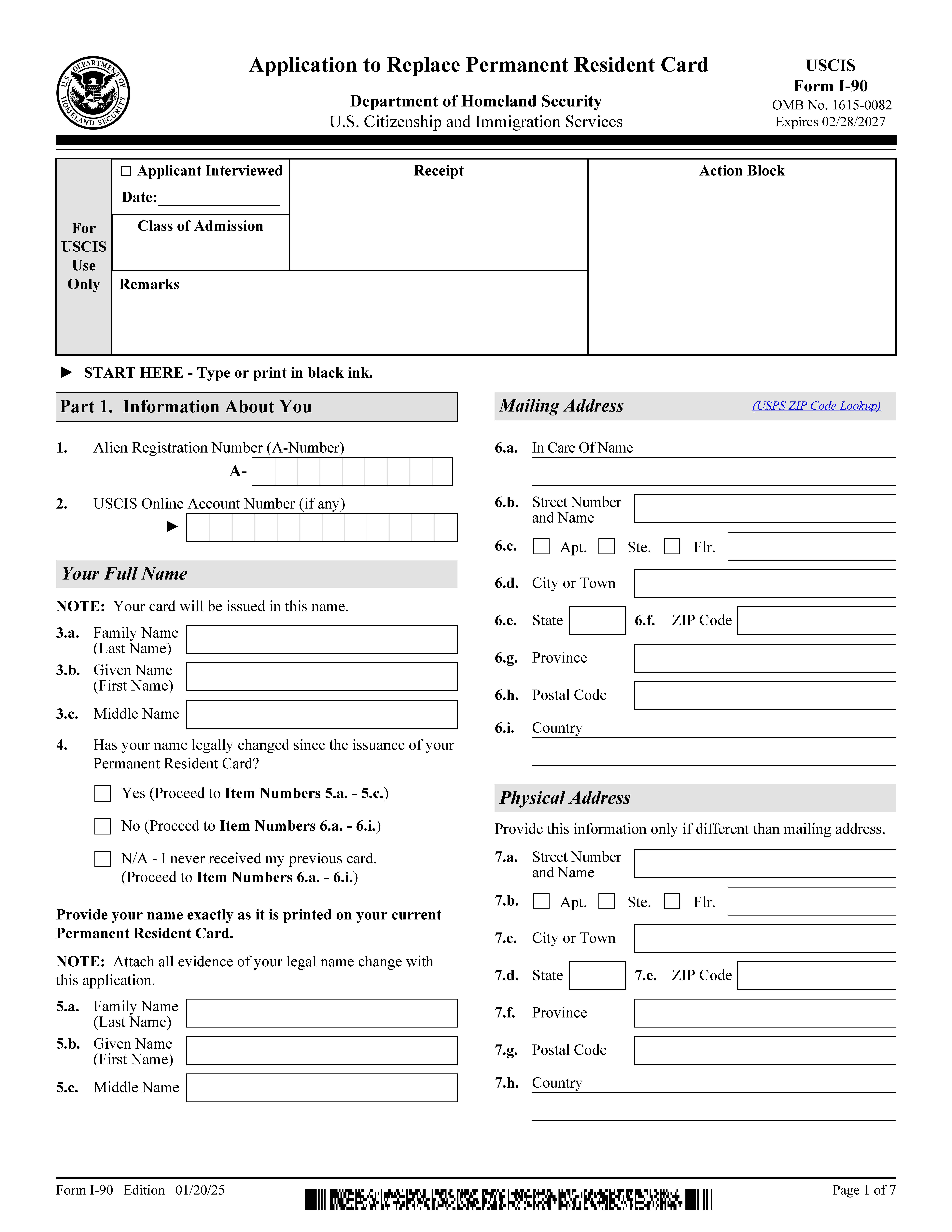 Application To Replace Permanent Resident Card {I-90} | Pdf Fpdf Doc Docx | Official Federal Forms