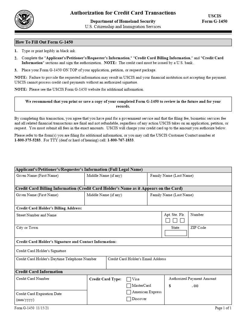 Authorization For Credit Card Transactions {G-1450} | Pdf Fpdf Doc Docx | Official Federal Forms