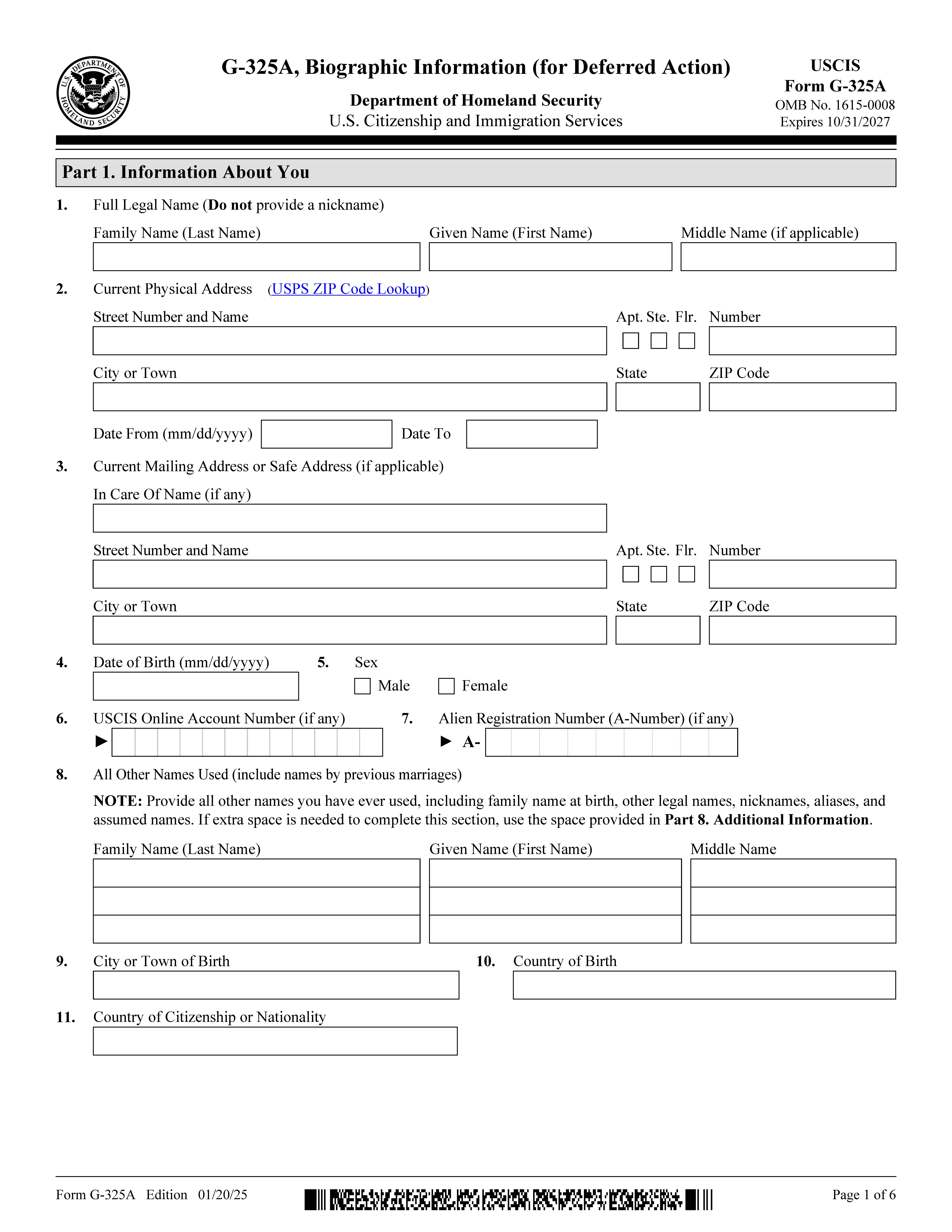 Biographic Information {G-325A} | Pdf Fpdf Docx | Official Federal Forms
