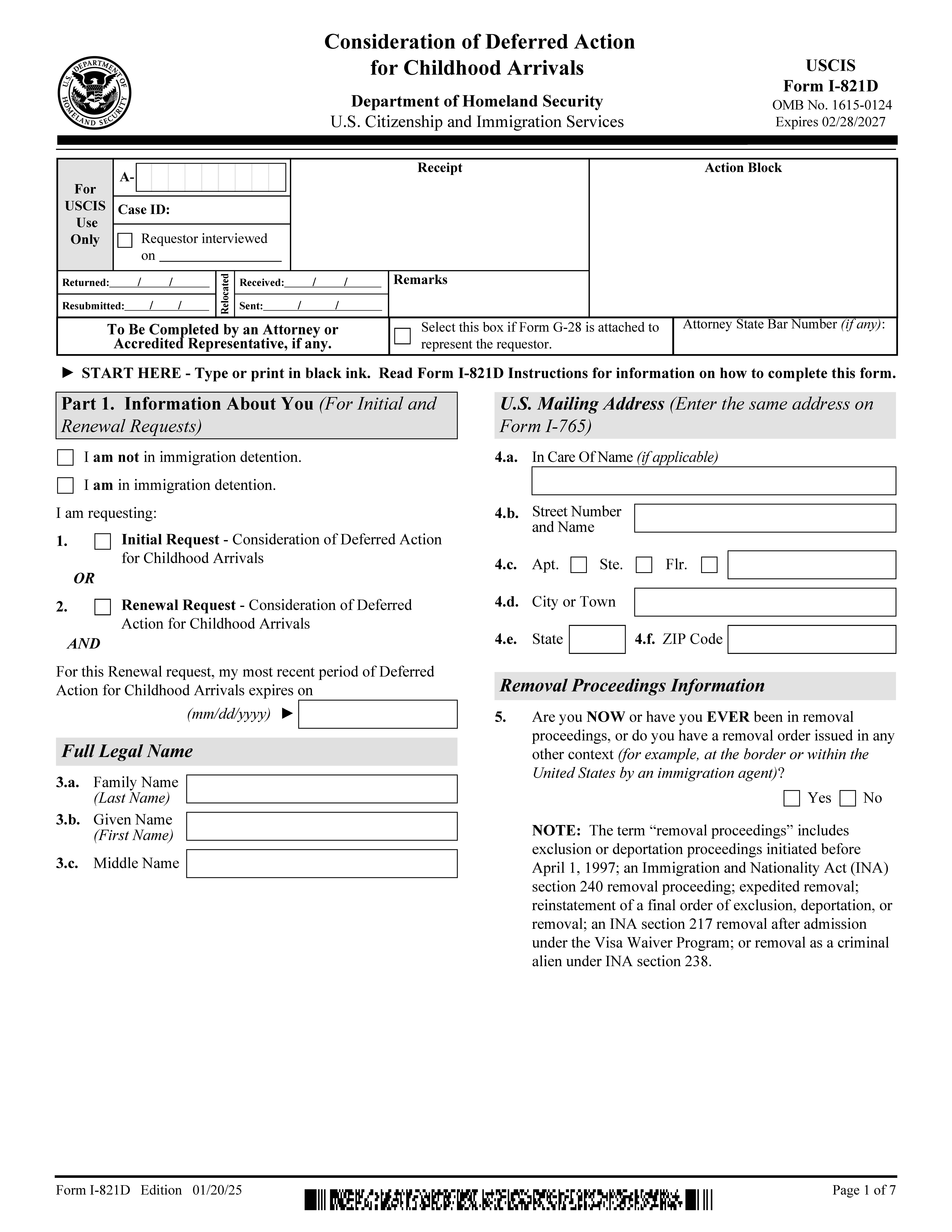 Consideration Of Deferred Action For Childhood Arrivals  {I-821D} | Pdf Fpdf Docx | Official Federal Forms