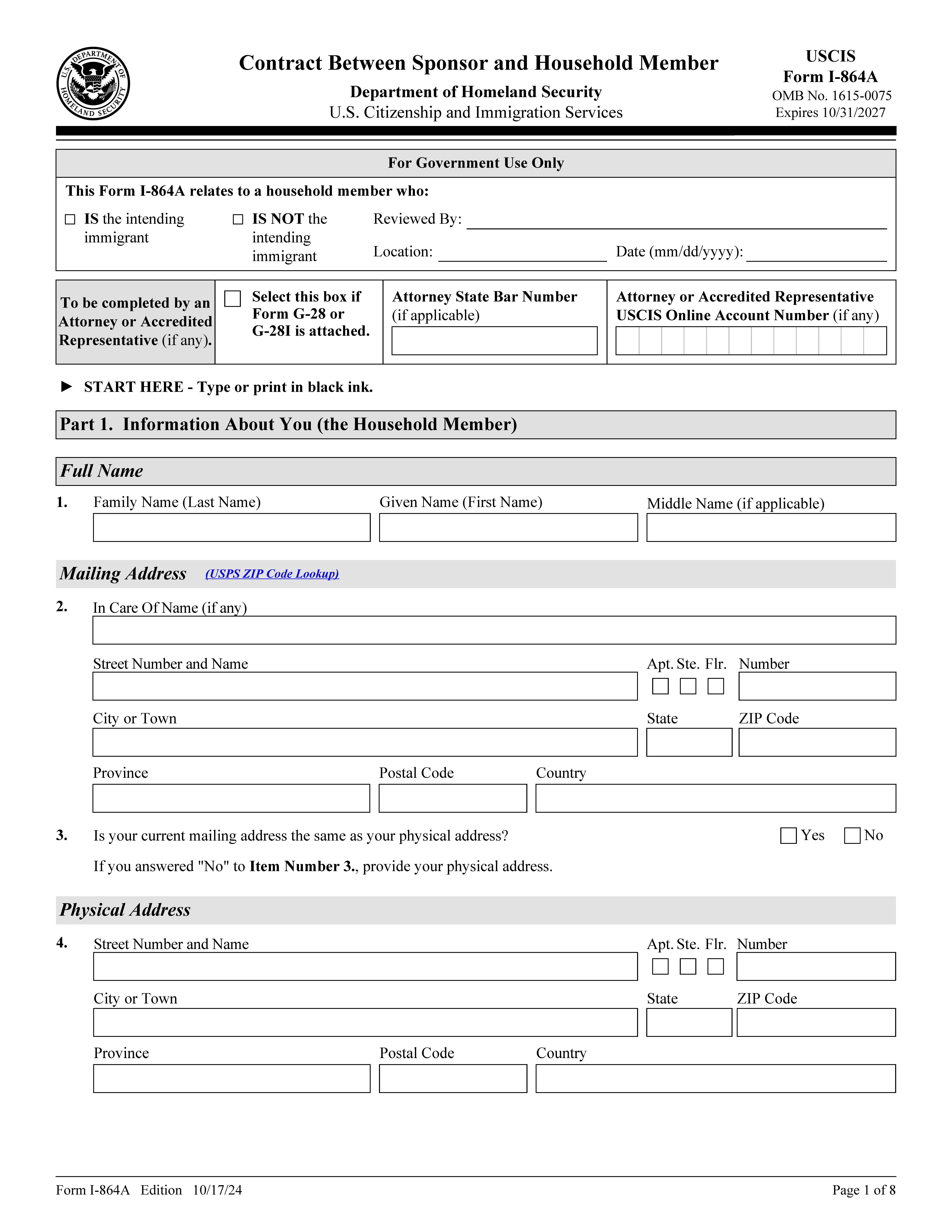 Contract Between Sponsor And Household Member {I-864A} | Pdf Fpdf Doc Docx | Official Federal Forms