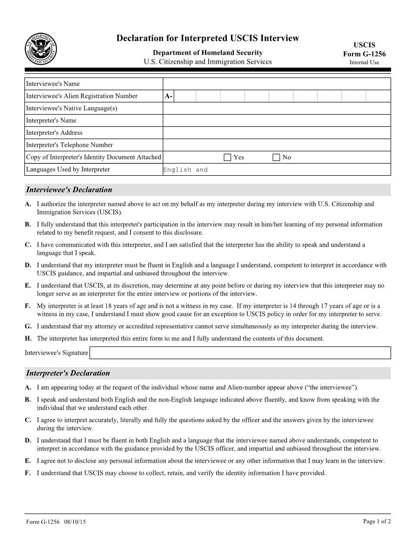 Declaration For Interpreted USCIS Interview {G-1256} | Pdf Fpdf Docx | Official Federal Forms