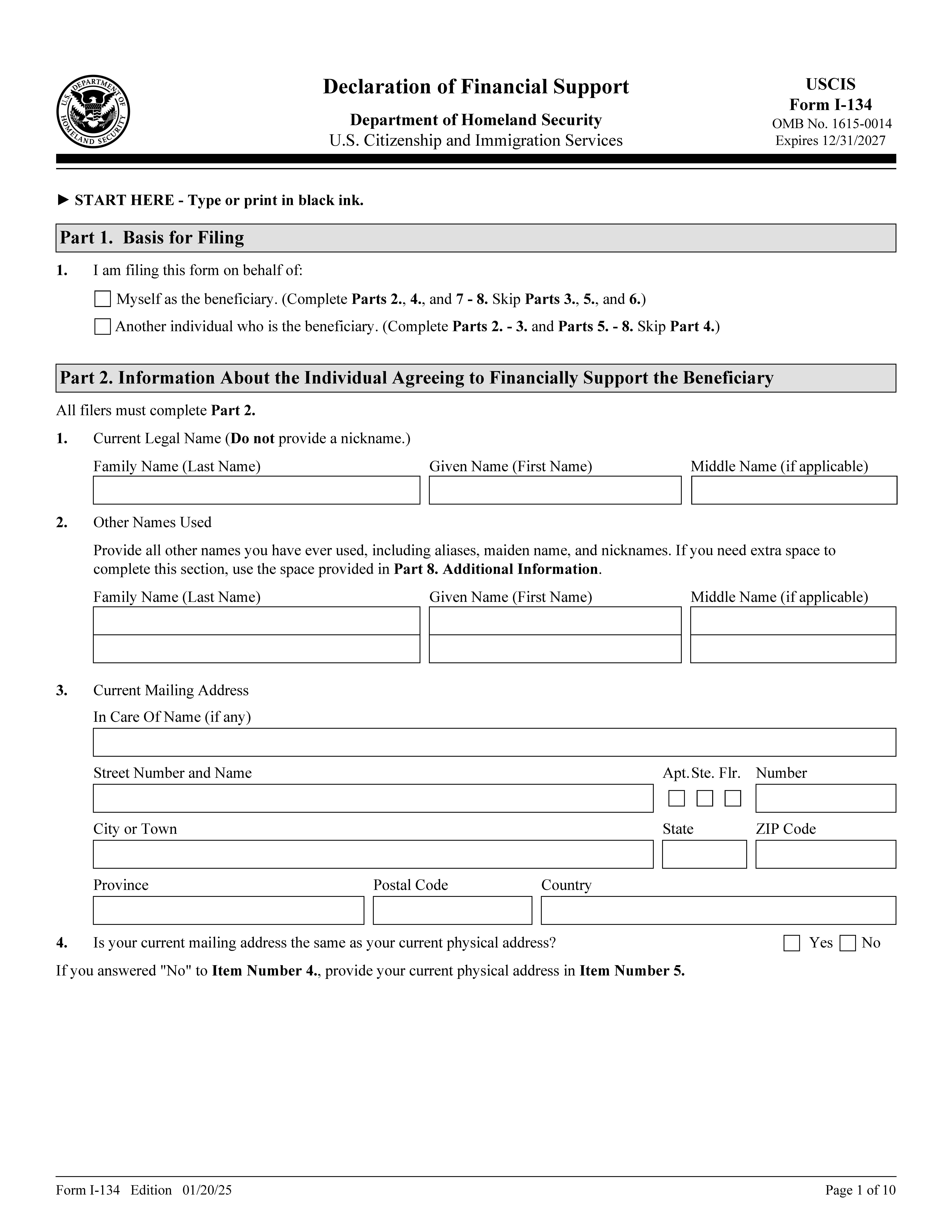 Declaration Of Financial Support {I-134} | Pdf Fpdf Docx | Official Federal Forms
