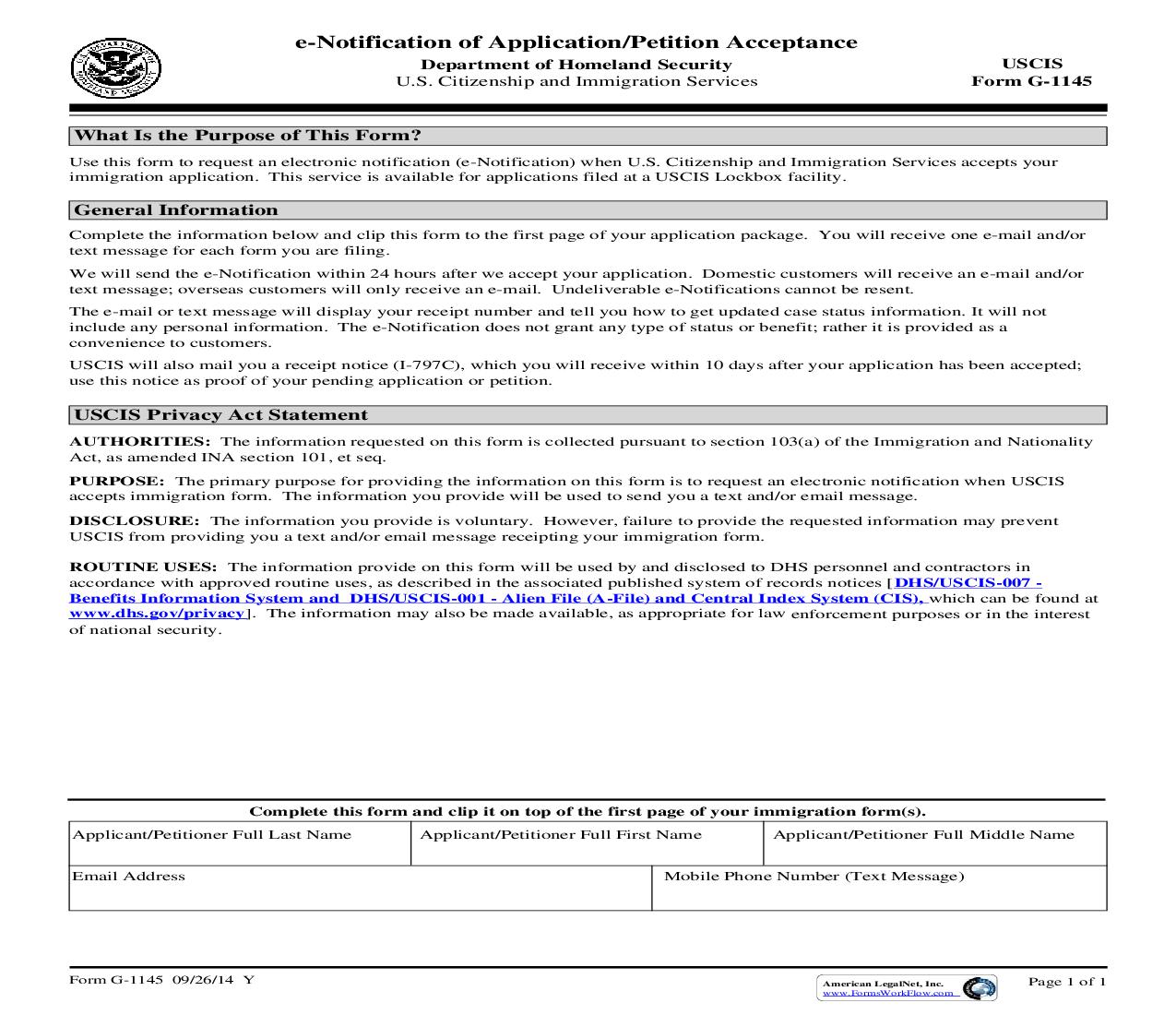 E-Notification Of Application-Petition Acceptance {G-1145} | Pdf Fpdf Doc Docx | Official Federal Forms