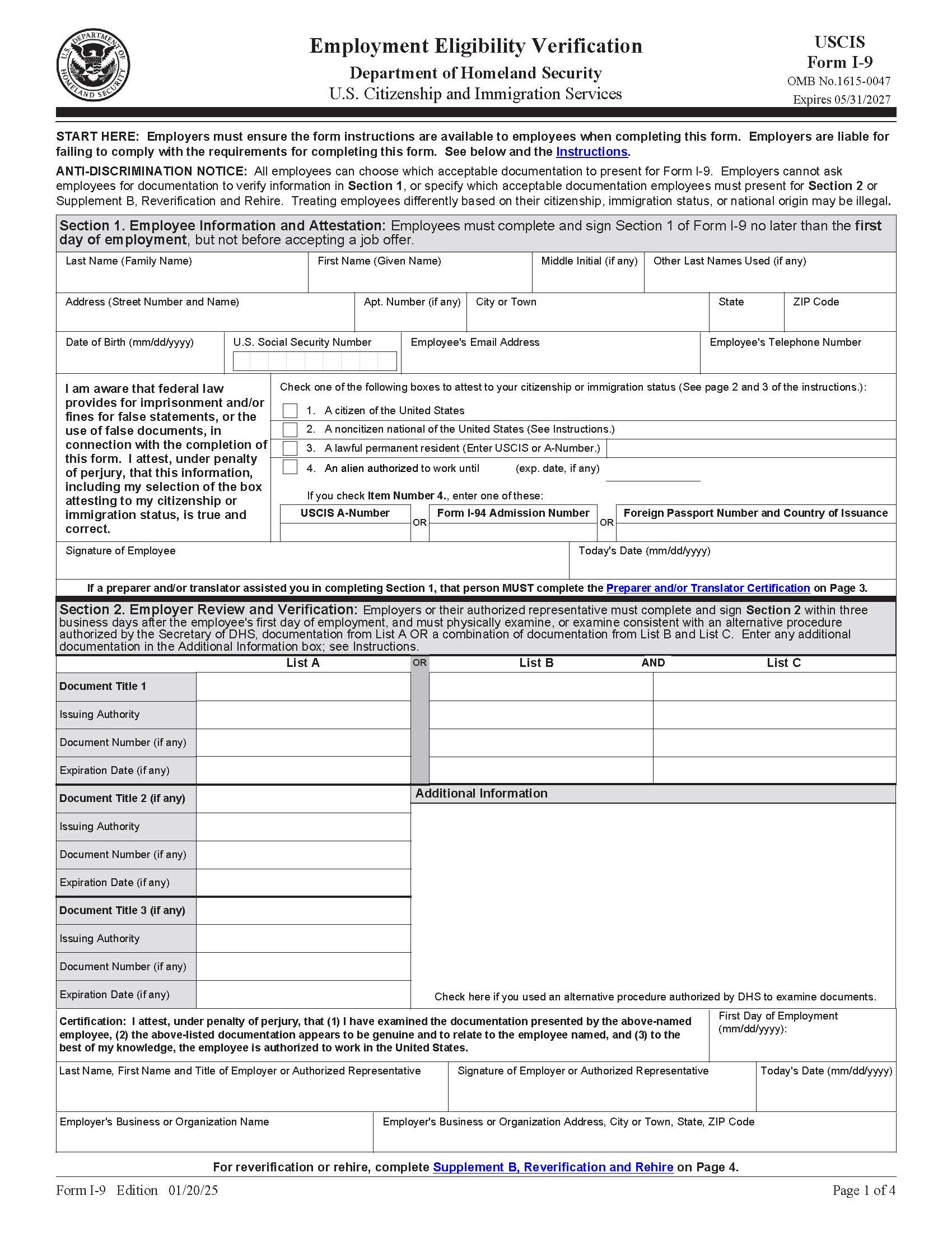 Employment Eligibility Verification {I-9} | Pdf Fpdf Doc Docx | Official Federal Forms