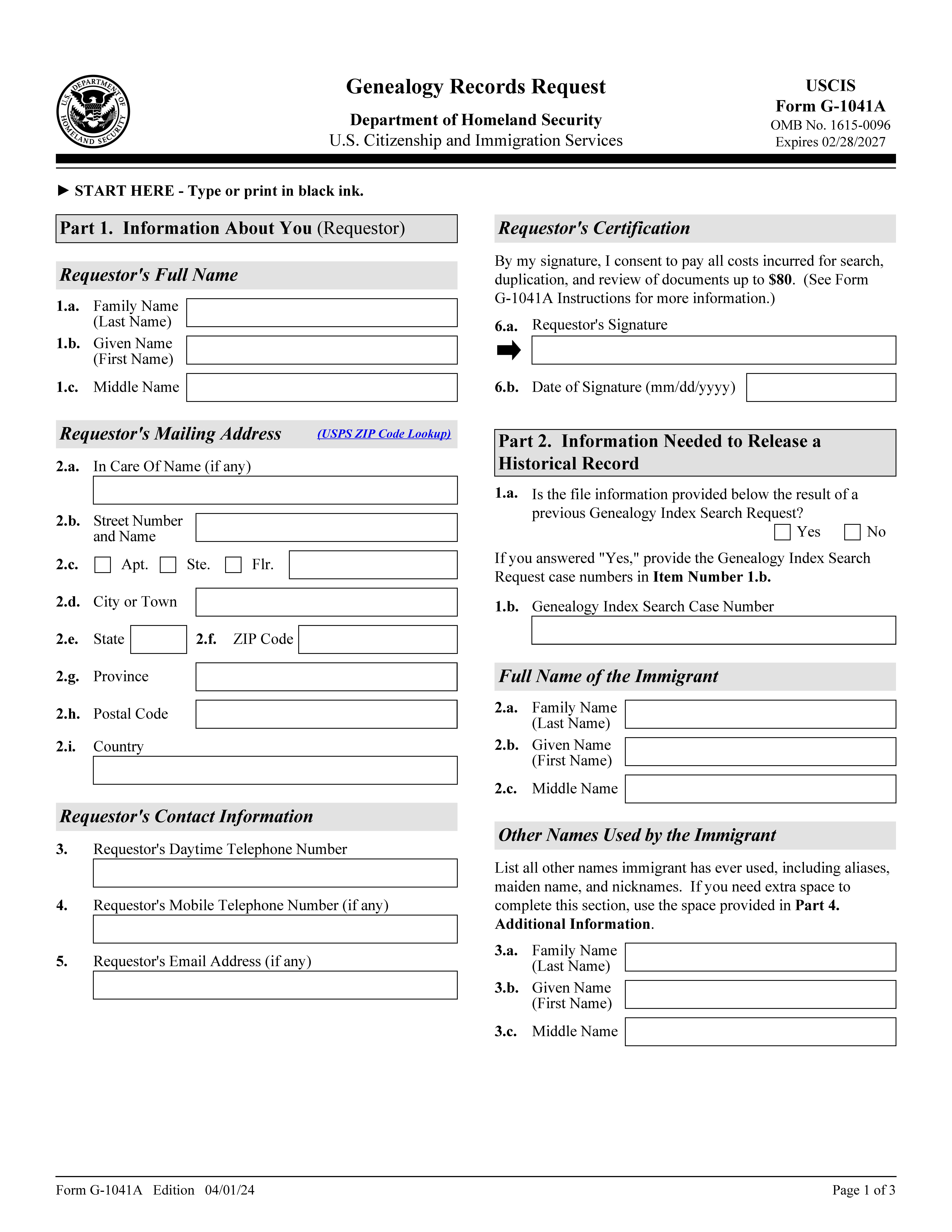 Genealogy Records Request {G-1041A} | Pdf Fpdf Doc Docx | Official Federal Forms