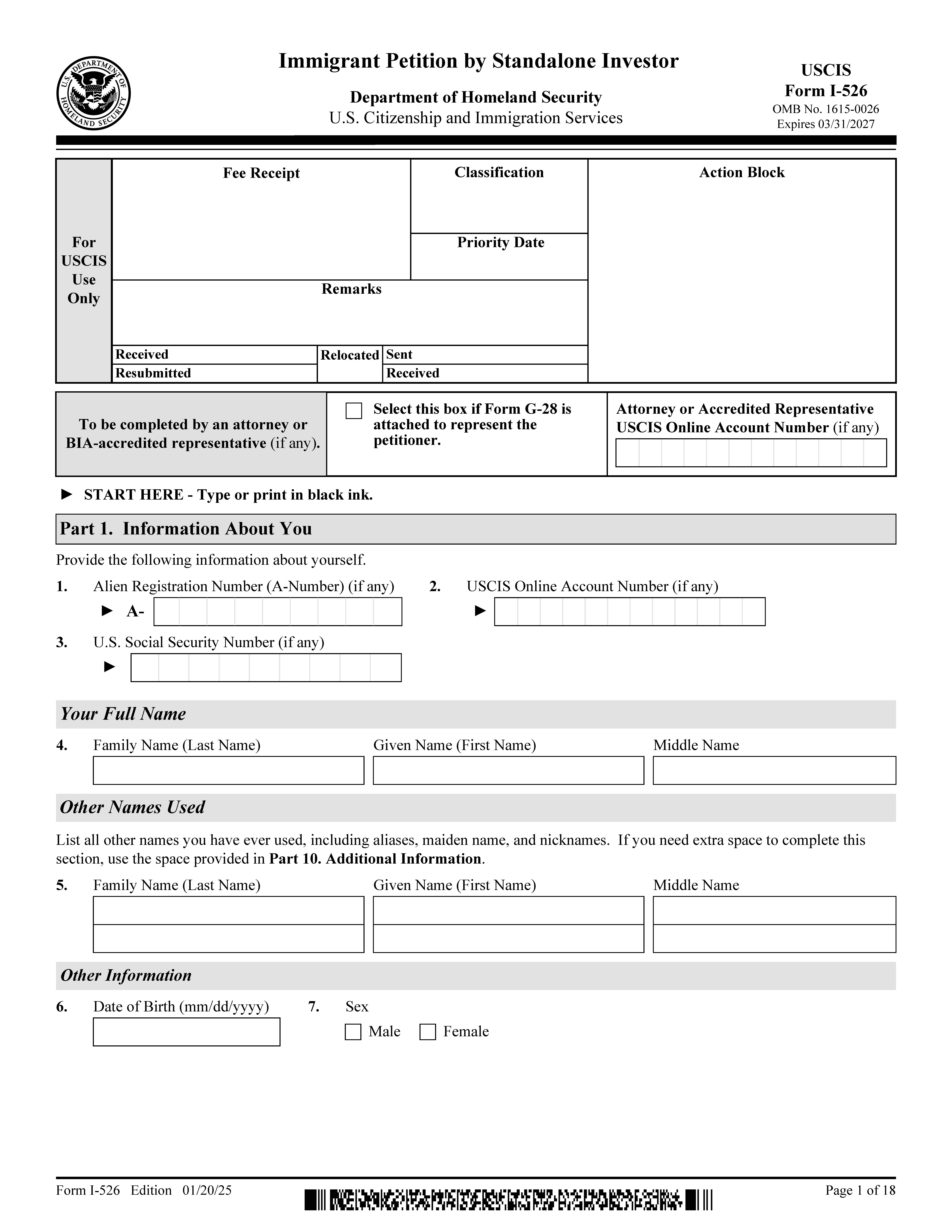Immigrant Petition By Standalone Investor {I-526} | Pdf Fpdf Docx | Official Federal Forms