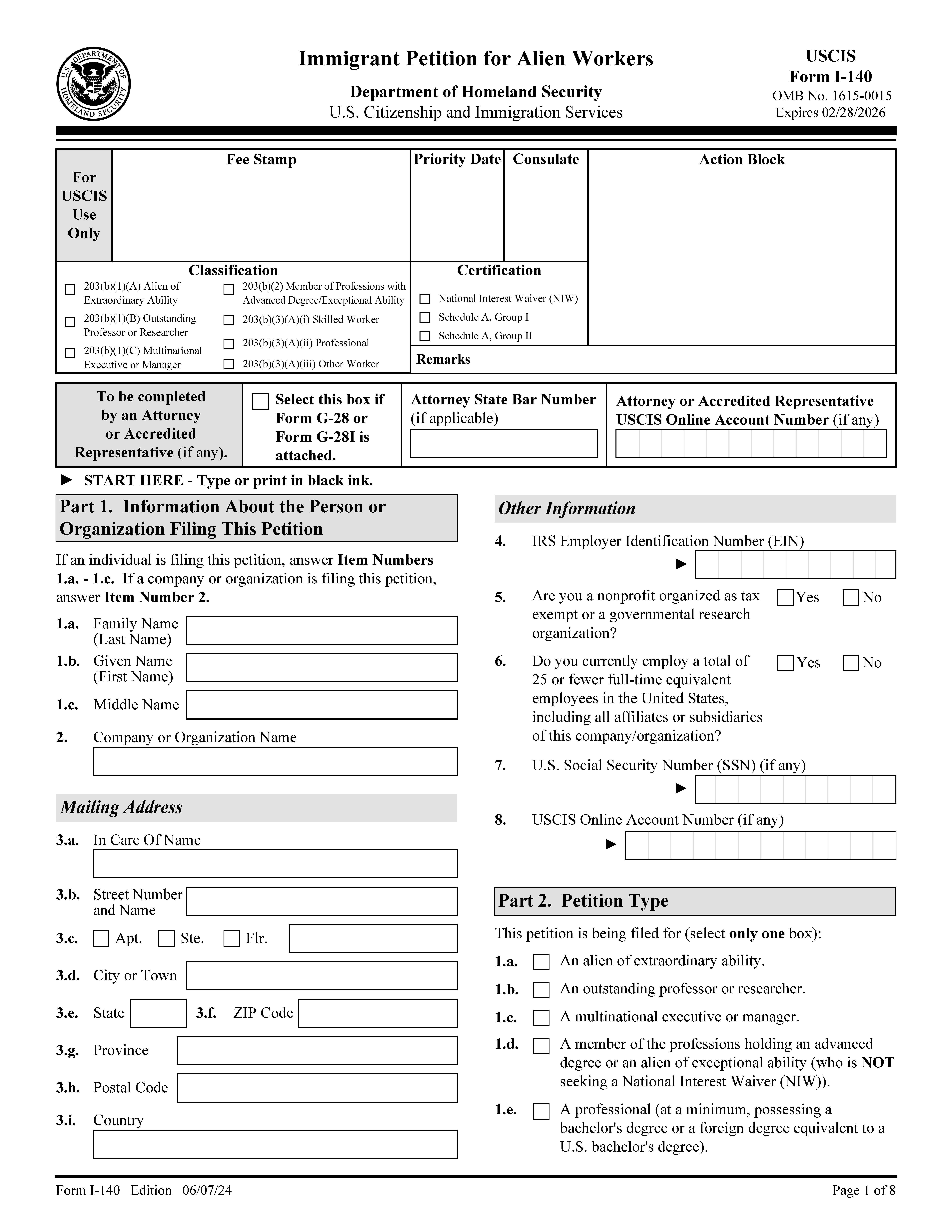 Immigrant Petition For Alien Workers {I-140} | Pdf Fpdf Docx | Official Federal Forms