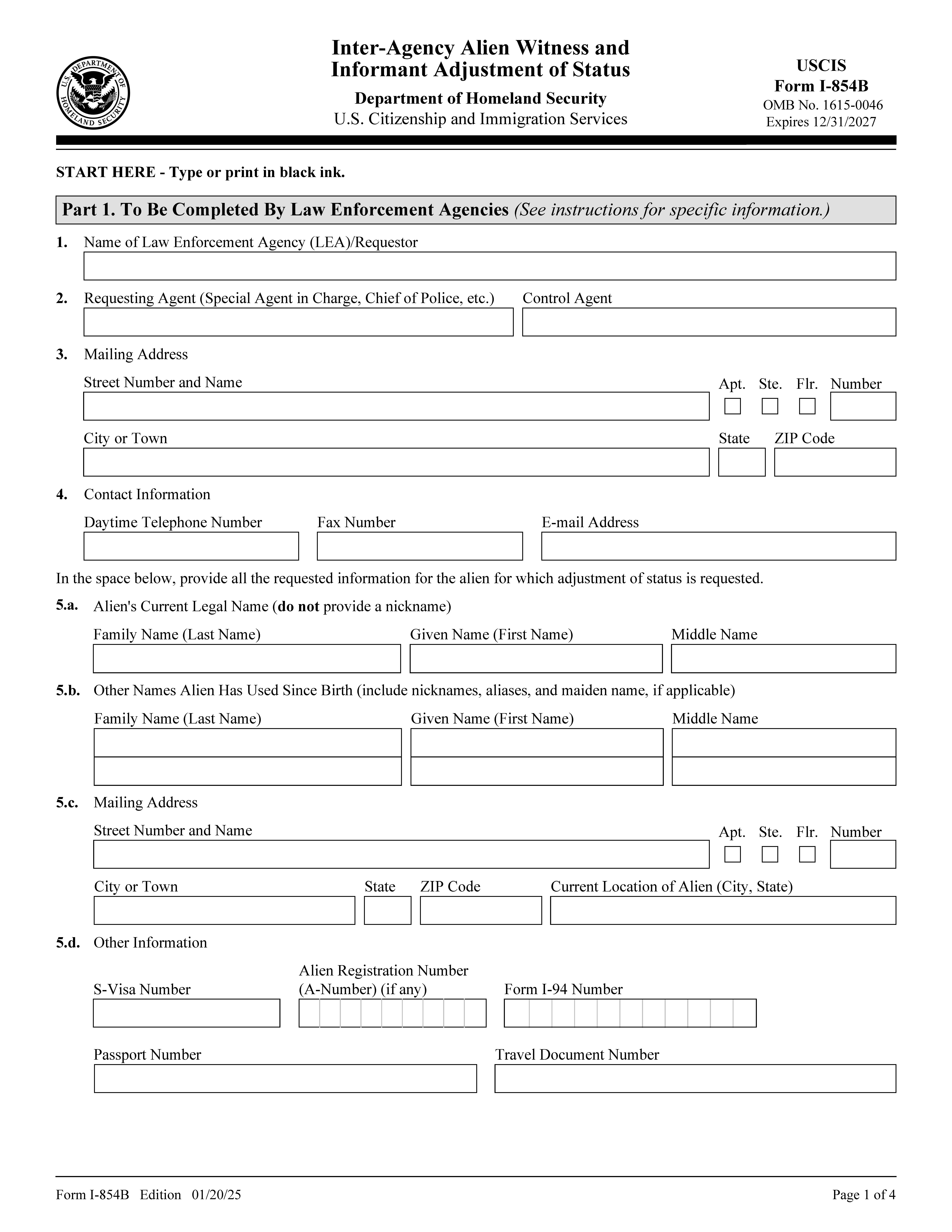Inter-Agency Alien Witness And Informant Adjustment Of Status {I-854B} | Pdf Fpdf Doc Docx | Official Federal Forms