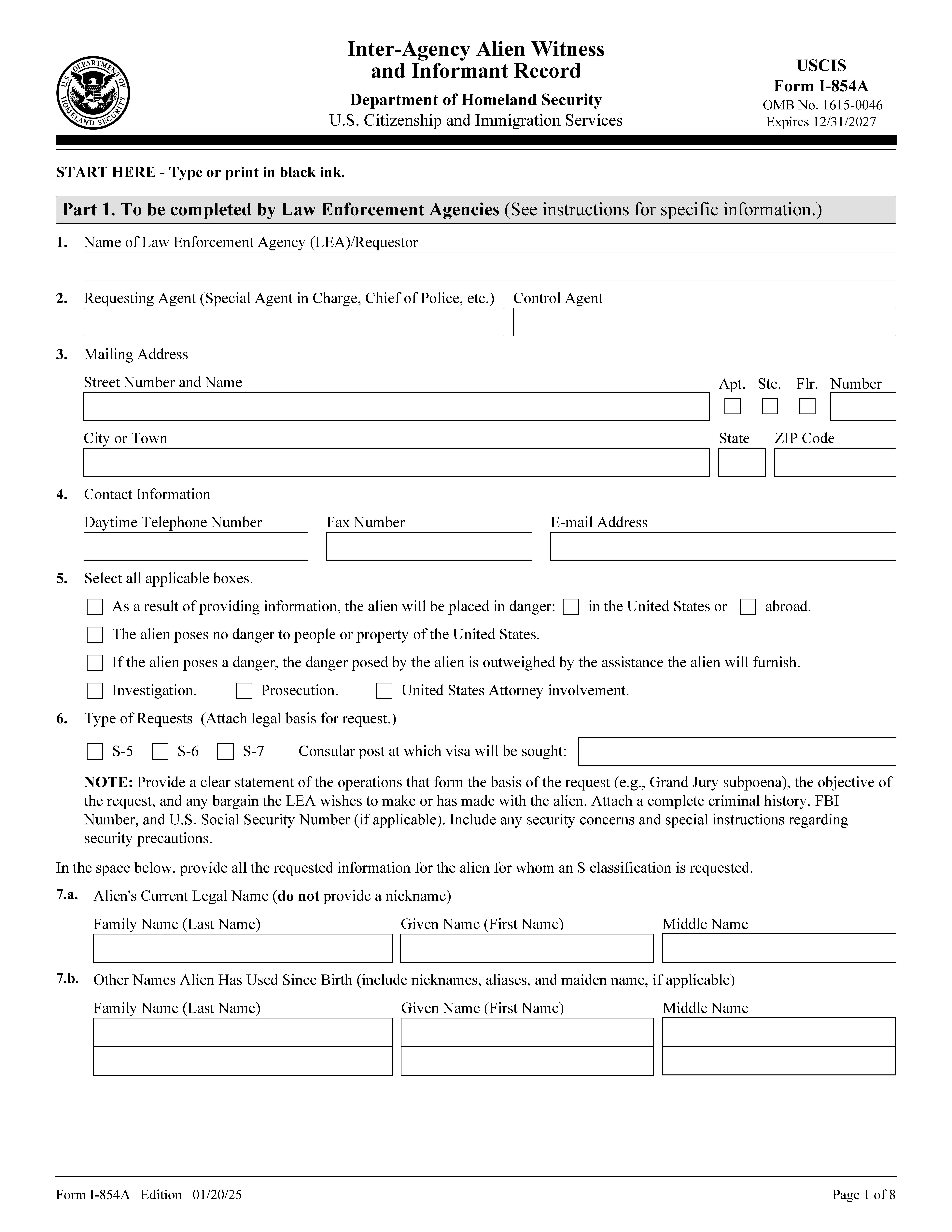 Inter-Agency Alien Witness And Informant Record {I-854A} | Pdf Fpdf Doc Docx | Official Federal Forms